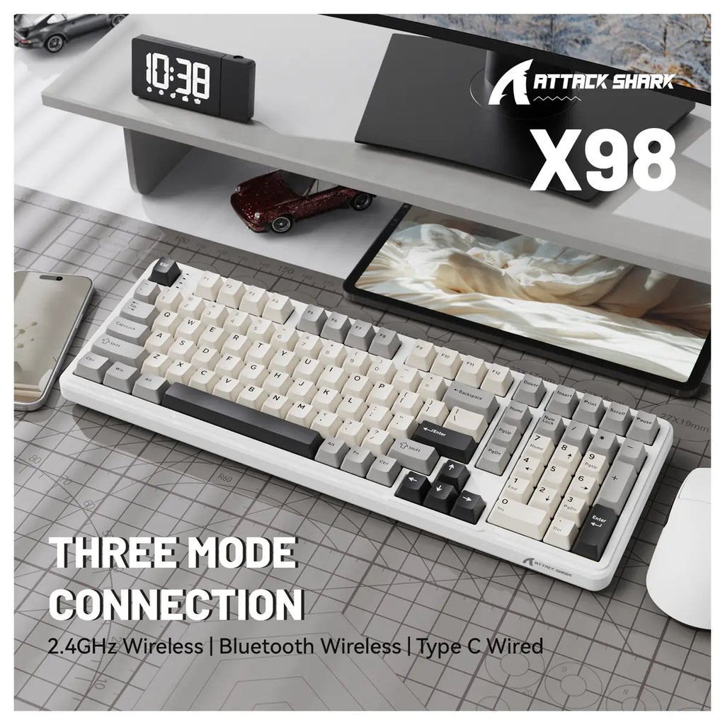 ATTACK SHARK X98 Full-Size Wireless Mechanical Keyboard, 102 Keys Tri-Mode Bluetooth 5.0 2.4G USB-C, Upgraded Gasket-Mount, Hot-Swappable 3/5 Pin, 4000mAh, South-Facing RGB, Starlight White