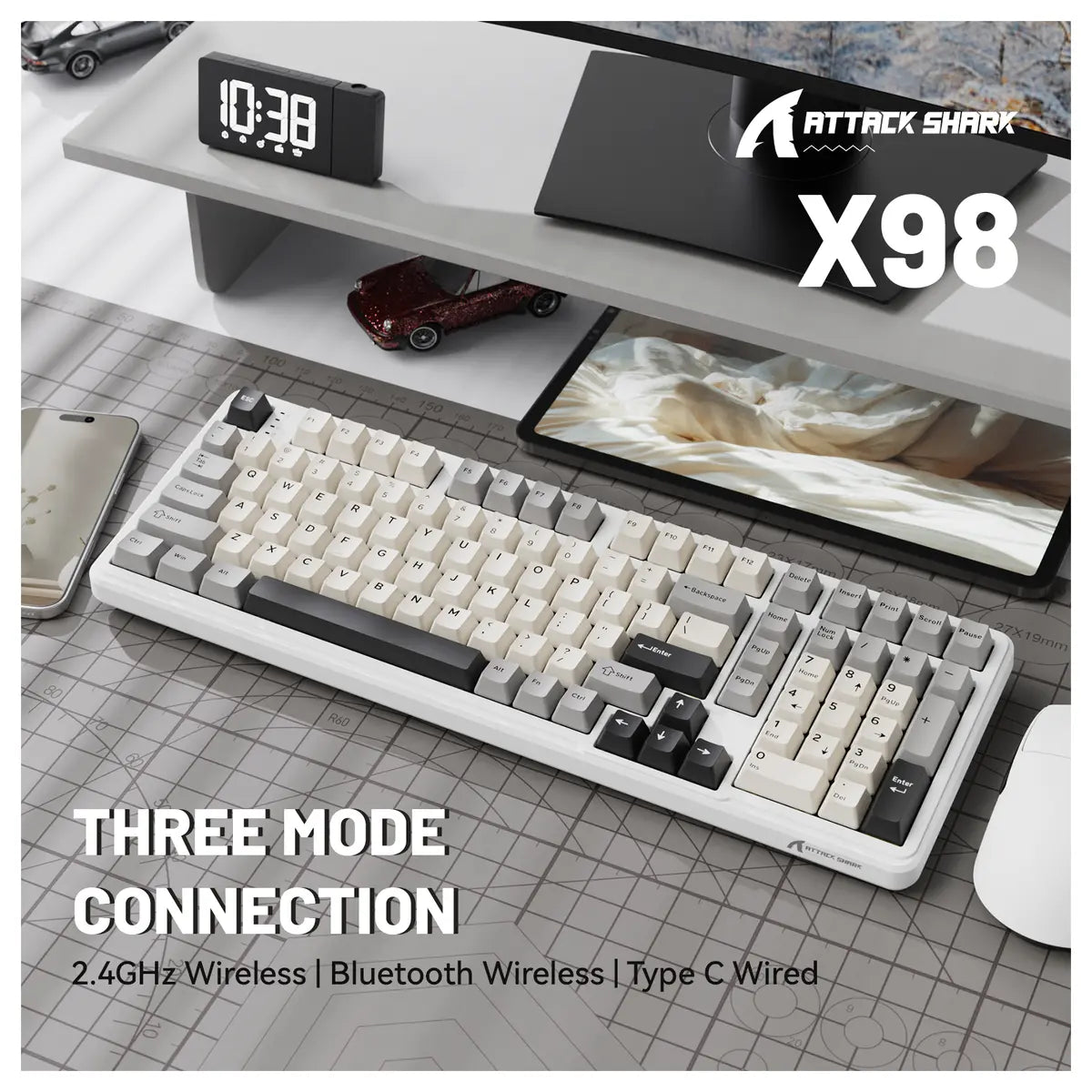 ATTACK SHARK X98 Full-Size Wireless Mechanical Keyboard, 102 Keys Tri-Mode Bluetooth 5.0 2.4G USB-C, Upgraded Gasket-Mount, Hot-Swappable 3/5 Pin, 4000mAh, South-Facing RGB, Starlight White