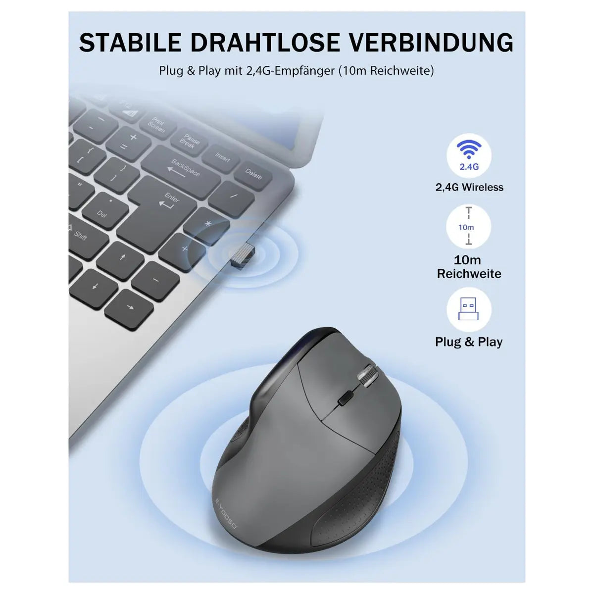 E-Yooso X45 Ergonomic Mouse, Wireless Vertical Mouse, Tri-Mode 2.4G and Bluetooth and Wired, 6 Buttons, 5 Adjustable DPI Levels Up to 4800 DPI, Black