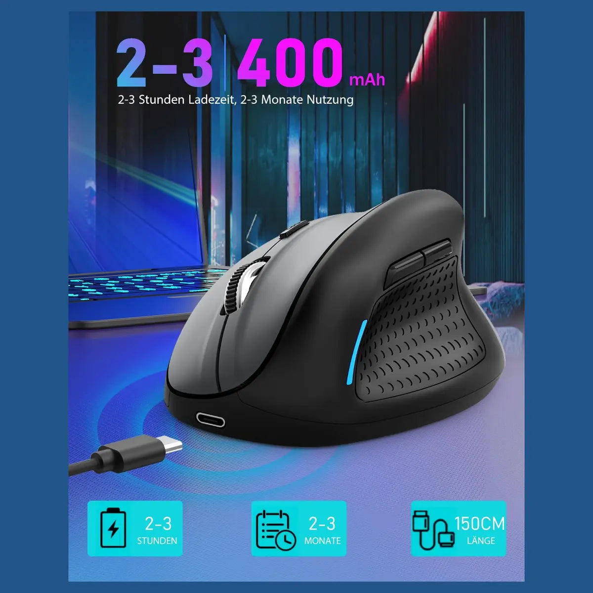 E-Yooso X45 Ergonomic Mouse, Wireless Vertical Mouse, Tri-Mode 2.4G and Bluetooth and Wired, 6 Buttons, 5 Adjustable DPI Levels Up to 4800 DPI, Black