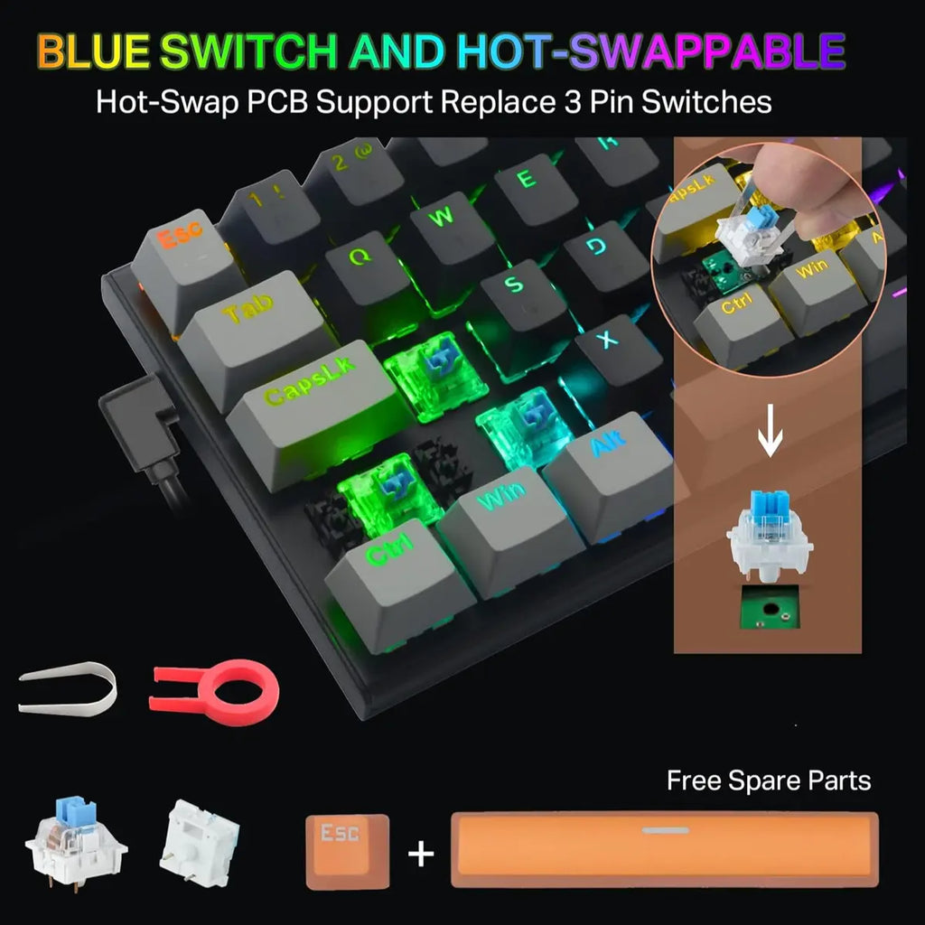 E-YOOSO Z-11 60% Wired Mechanical Gaming Keyboard, 61 Keys RGB Backlit Hot Swappable, Blue Switches, USB Type-C, for Windows and Mac OS, Black Grey
