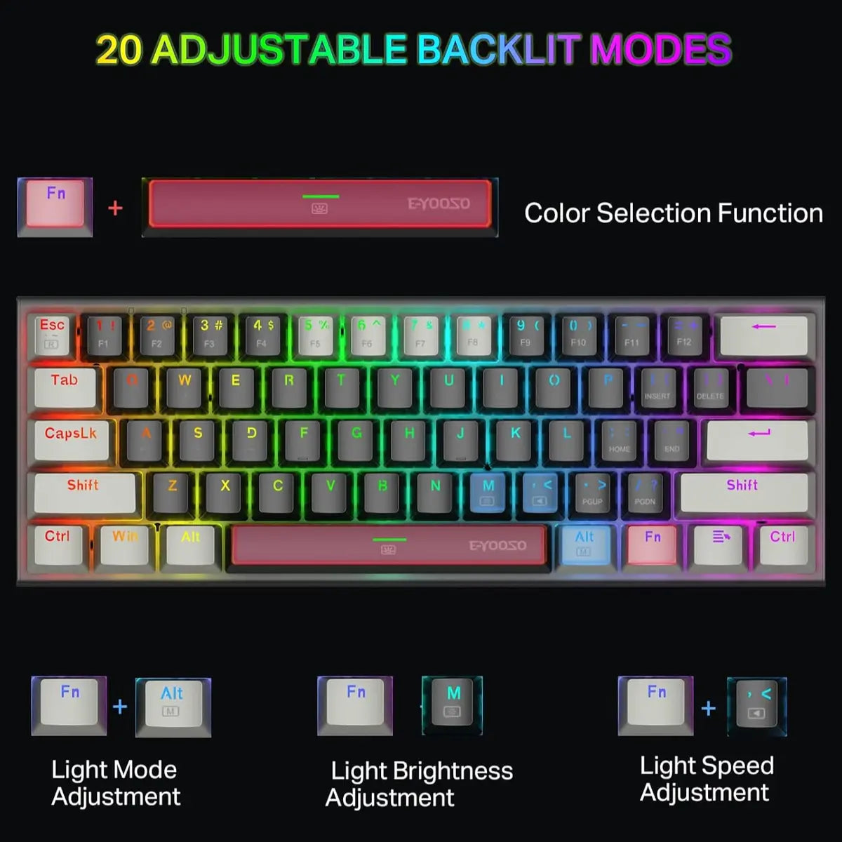 E-YOOSO Z-11 60% Wired Mechanical Gaming Keyboard, 61 Keys RGB Backlit Hot Swappable, Blue Switches, USB Type-C, for Windows and Mac OS, Black Grey