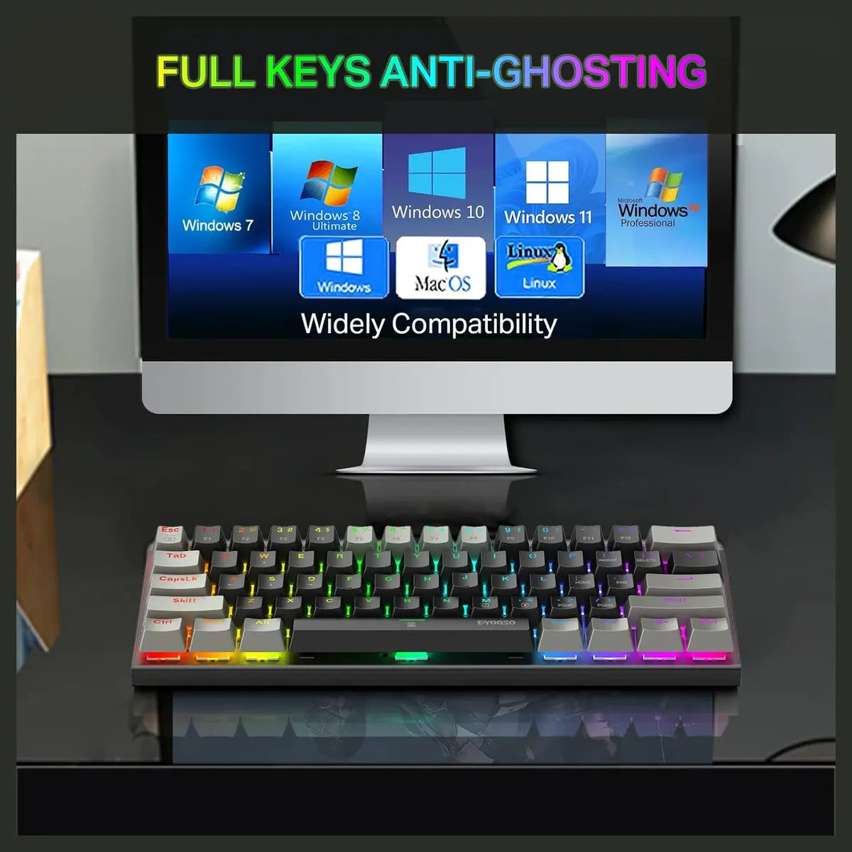 E-YOOSO Z-11 60% Wired Mechanical Gaming Keyboard, 61 Keys RGB Backlit Hot Swappable, Blue Switches, USB Type-C, for Windows and Mac OS, Black Grey