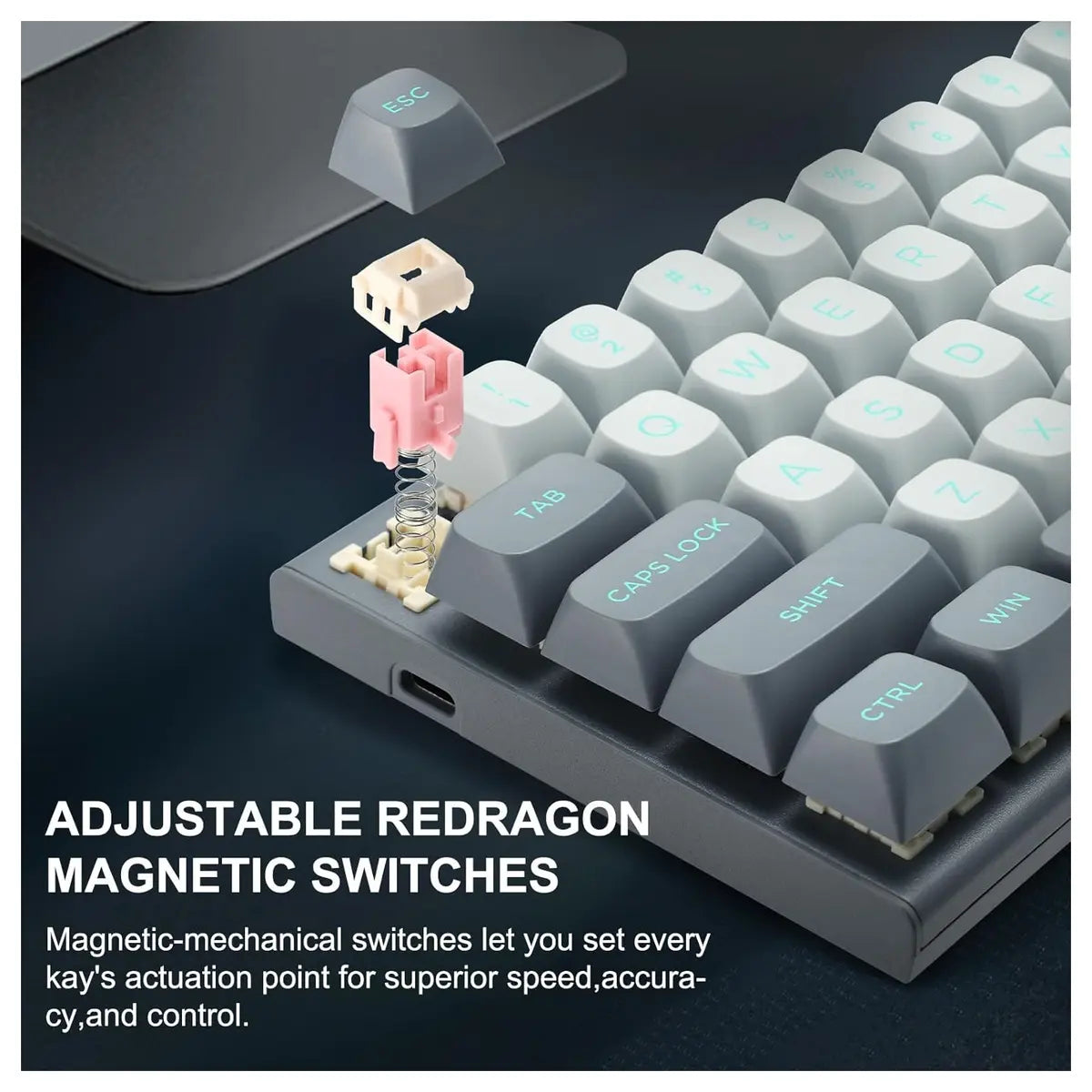 E-YOOSO HZ-61 Rapid Trigger Gaming Keyboard, 61 Keys Magnetic Switches With 0.1-4mm Adjustable Actuation, Dual-Point Actuation, Doubleshot PBT XDA Keycaps, RGB Backlit, Grey