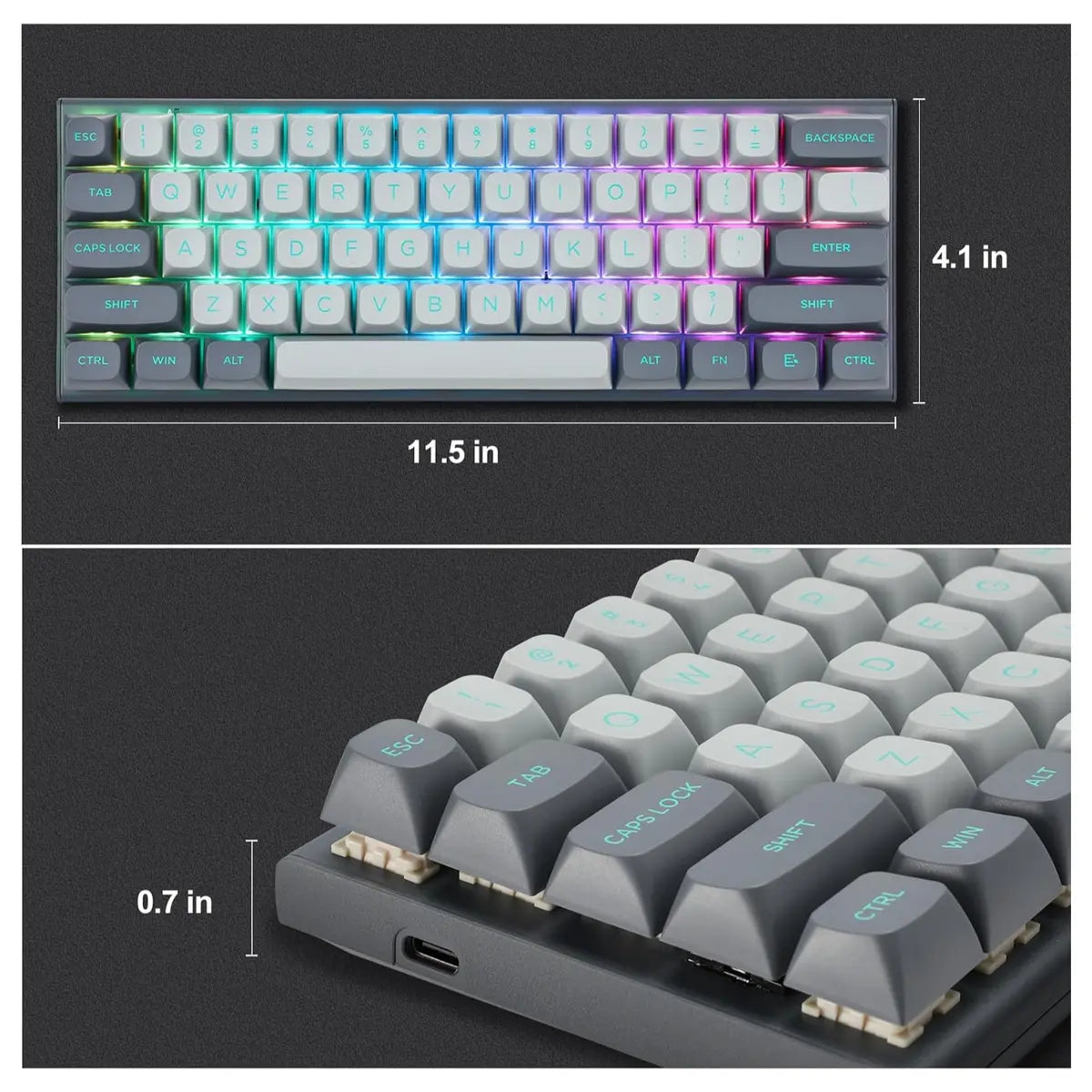 E-YOOSO HZ-61 Rapid Trigger Gaming Keyboard, 61 Keys Magnetic Switches With 0.1-4mm Adjustable Actuation, Dual-Point Actuation, Doubleshot PBT XDA Keycaps, RGB Backlit, Grey