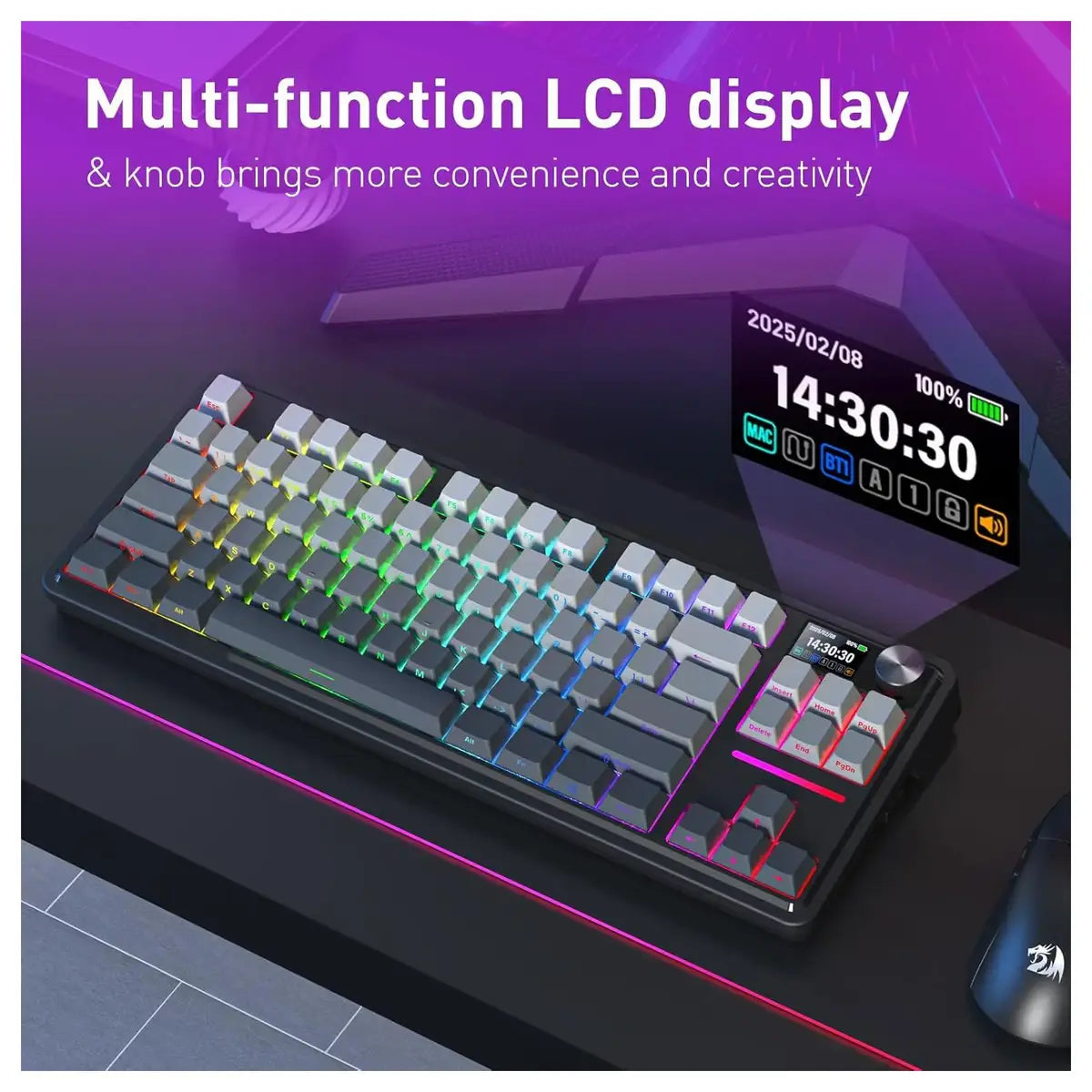 Redragon K743 Antonium Pro LCD 80% Gasket RGB Gaming Keyboard, 84 Keys Mechanical Keyboard, Tri-Mode Connectivity, 1.41" TFT Screen and Knob, Hot-Swap South-Facing RGB Socket, Gradient Black PBT Keycaps, K743SP-RGB-PRO