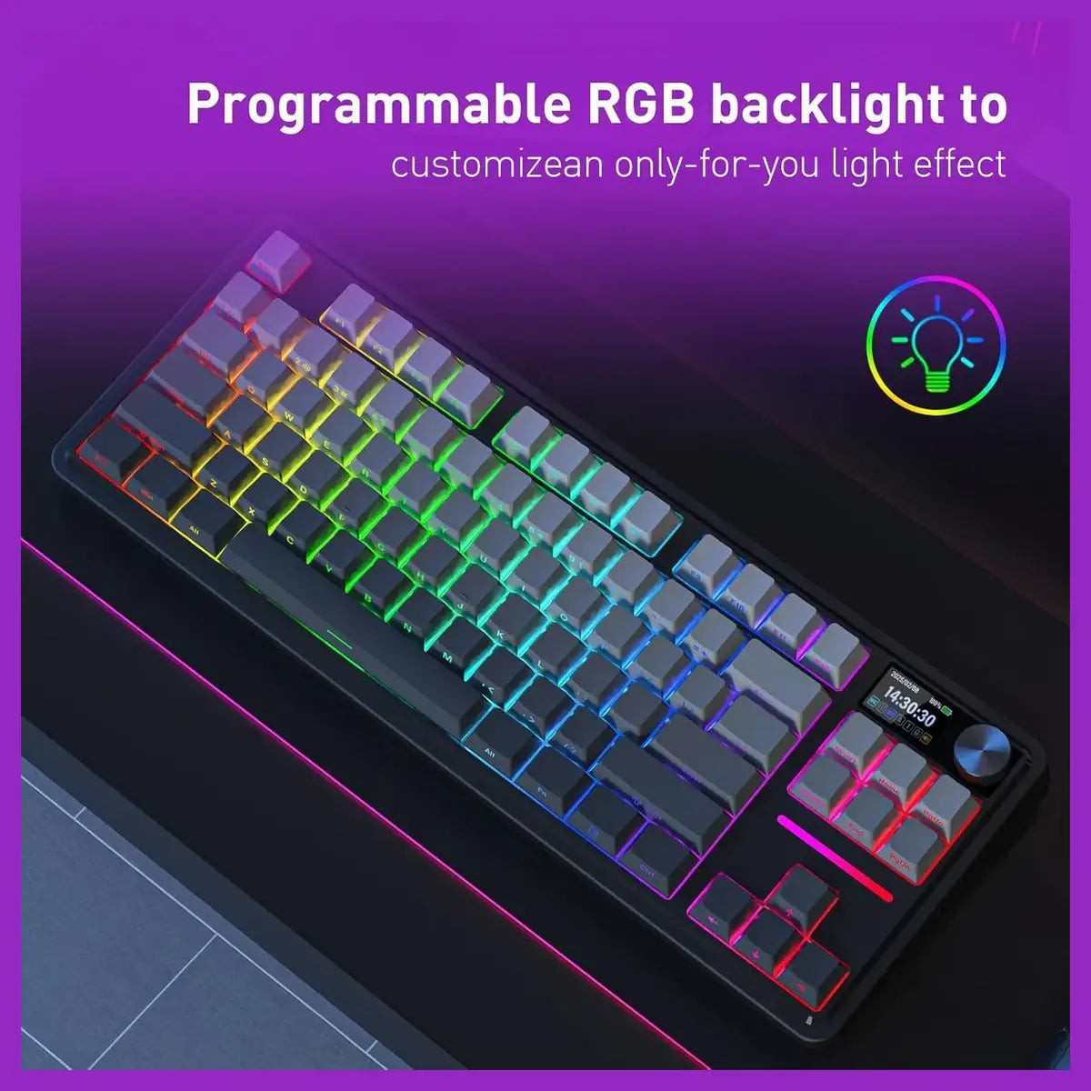 Redragon K743 Antonium Pro LCD 80% Gasket RGB Gaming Keyboard, 84 Keys Mechanical Keyboard, Tri-Mode Connectivity, 1.41" TFT Screen and Knob, Hot-Swap South-Facing RGB Socket, Gradient Black PBT Keycaps, K743SP-RGB-PRO