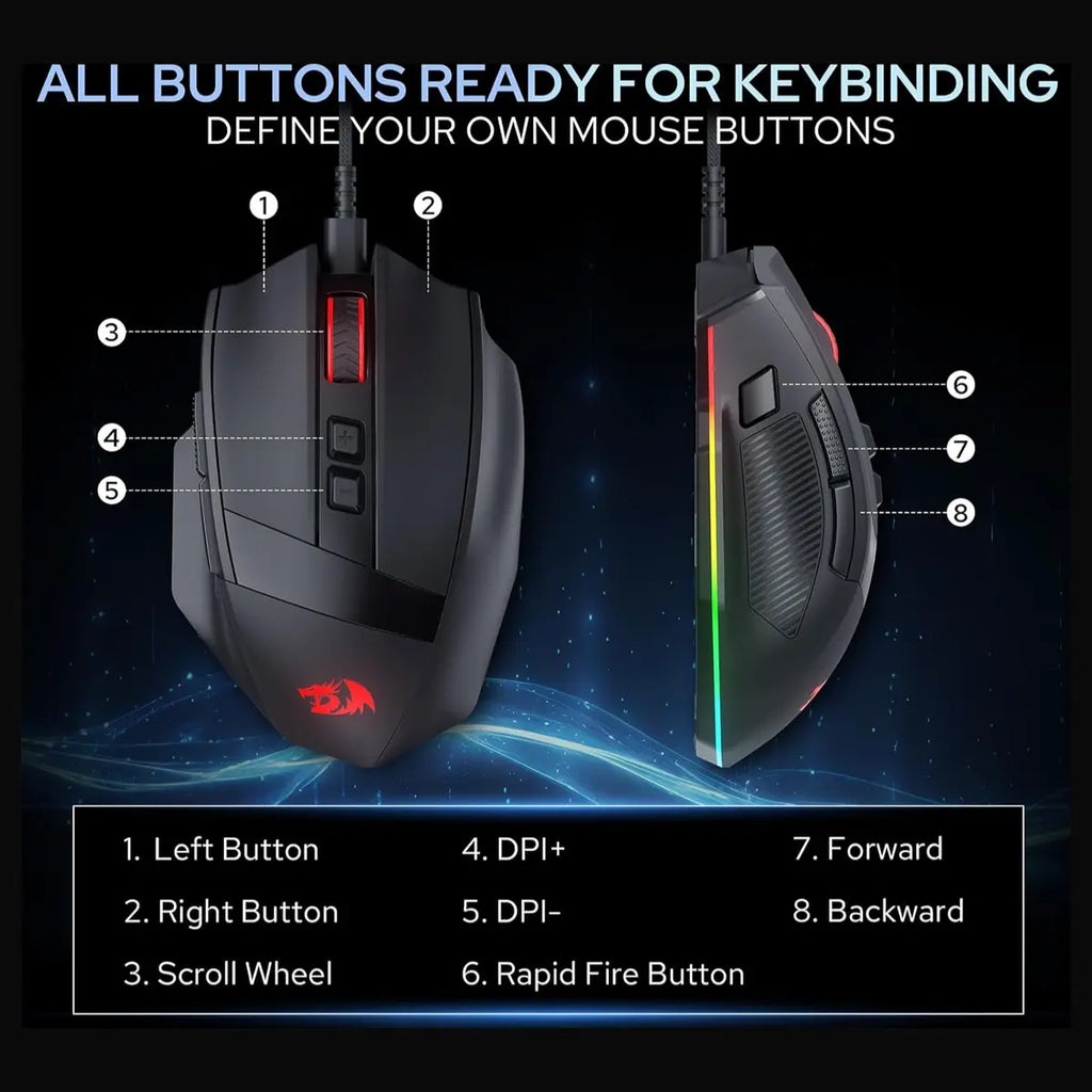 Redragon Stealth M923 Wired RGB Gaming Mouse, Optical Ergonomic Design, 24,000 DPI, SG8960 High Precision Sensor, 8 Programmable Macro Buttons