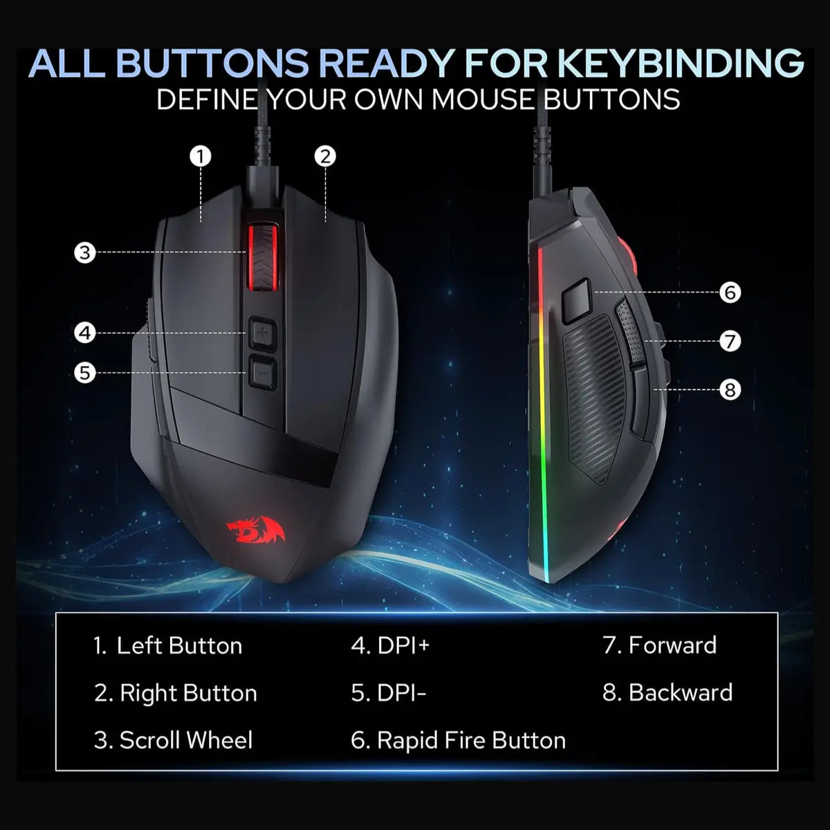 Redragon Stealth M923 Wired RGB Gaming Mouse, Optical Ergonomic Design, 24,000 DPI, SG8960 High Precision Sensor, 8 Programmable Macro Buttons
