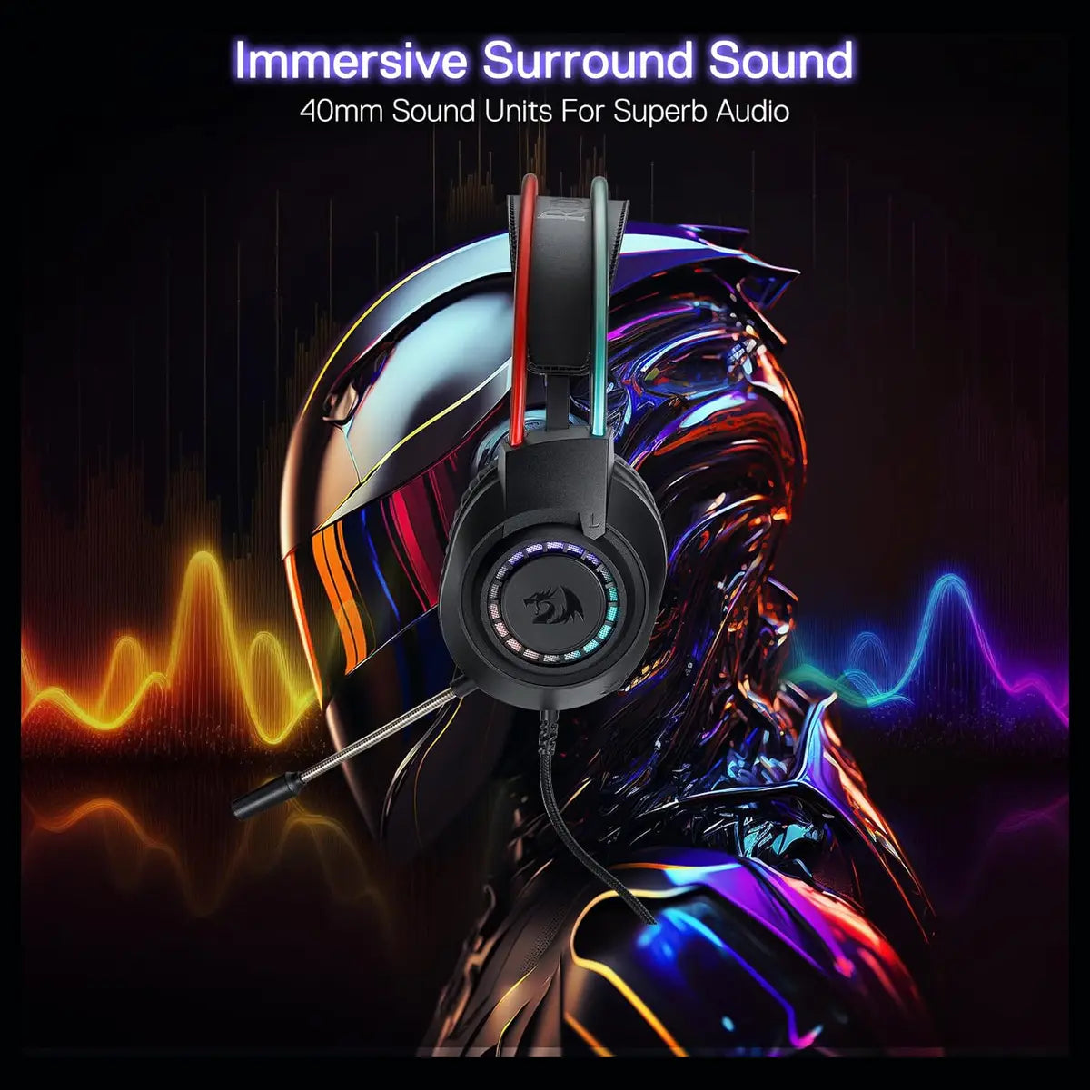 Redragon H231 Scream Wired Gaming Headset, Stereo Surround Sound, 40mm Drivers, Noise-Canceling Microphone, Dynamic RGB Lighting, Works with PC PS4 PS5 NS Xbox-one, Black
