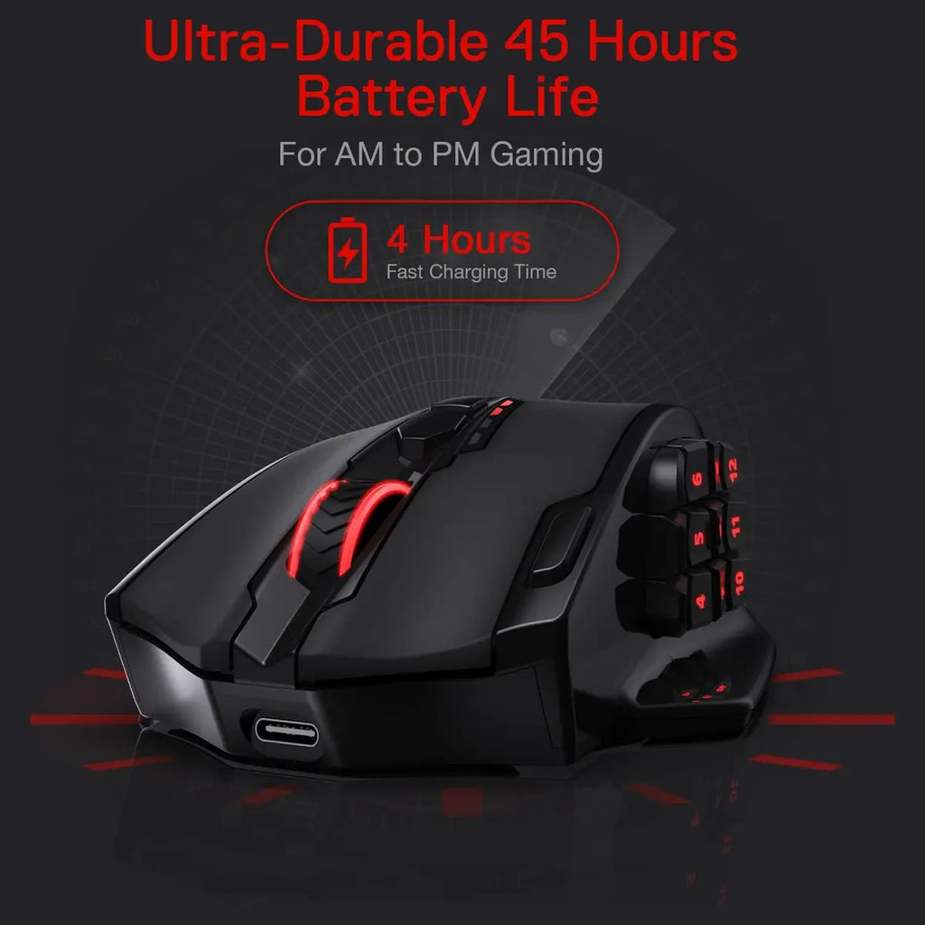 Redragon M913 Impact Elite Wireless Gaming Mouse, 16000 DPI, Wired or Wireless 2.4GHz and USB-C, RGB, 16 Programmable Buttons, Pixart 3335 Optical Sensor, 45Hr Battery