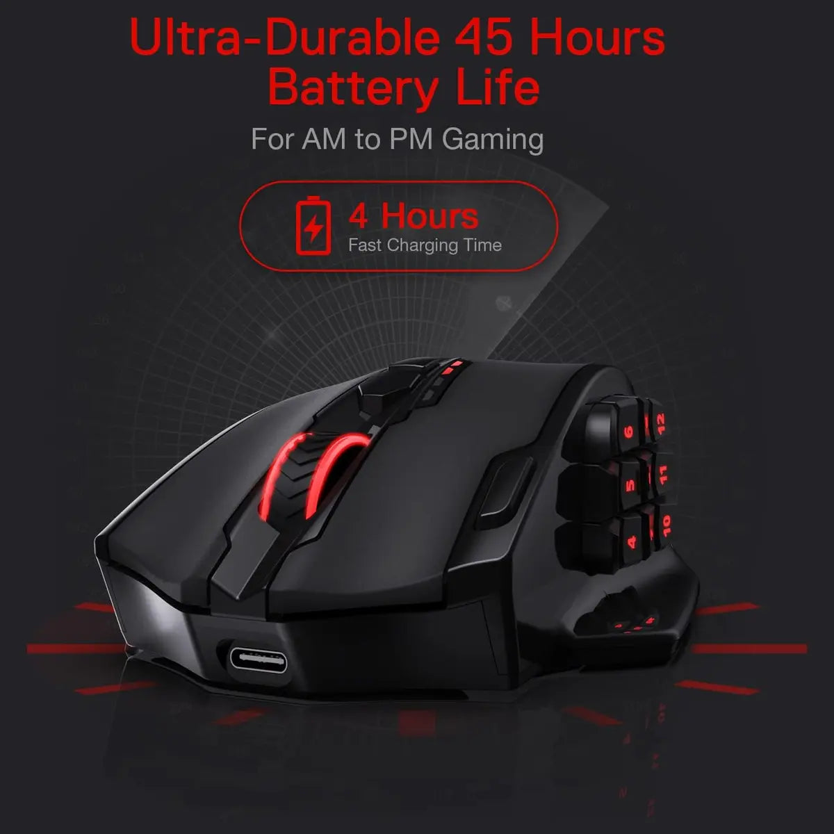 Redragon M913 Impact Elite Wireless Gaming Mouse, 16000 DPI, Wired or Wireless 2.4GHz and USB-C, RGB, 16 Programmable Buttons, Pixart 3335 Optical Sensor, 45Hr Battery