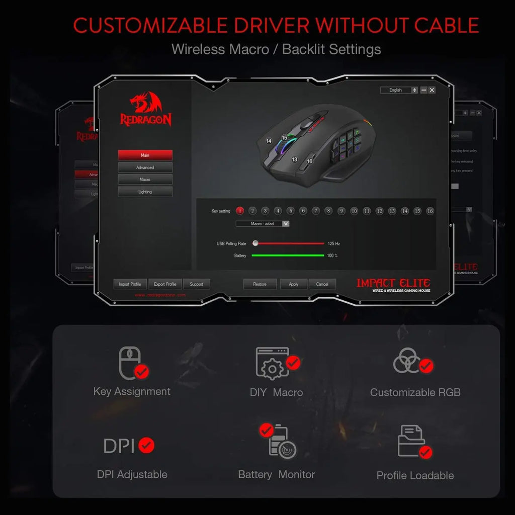 Redragon M913 Impact Elite Wireless Gaming Mouse, 16000 DPI, Wired or Wireless 2.4GHz and USB-C, RGB, 16 Programmable Buttons, Pixart 3335 Optical Sensor, 45Hr Battery