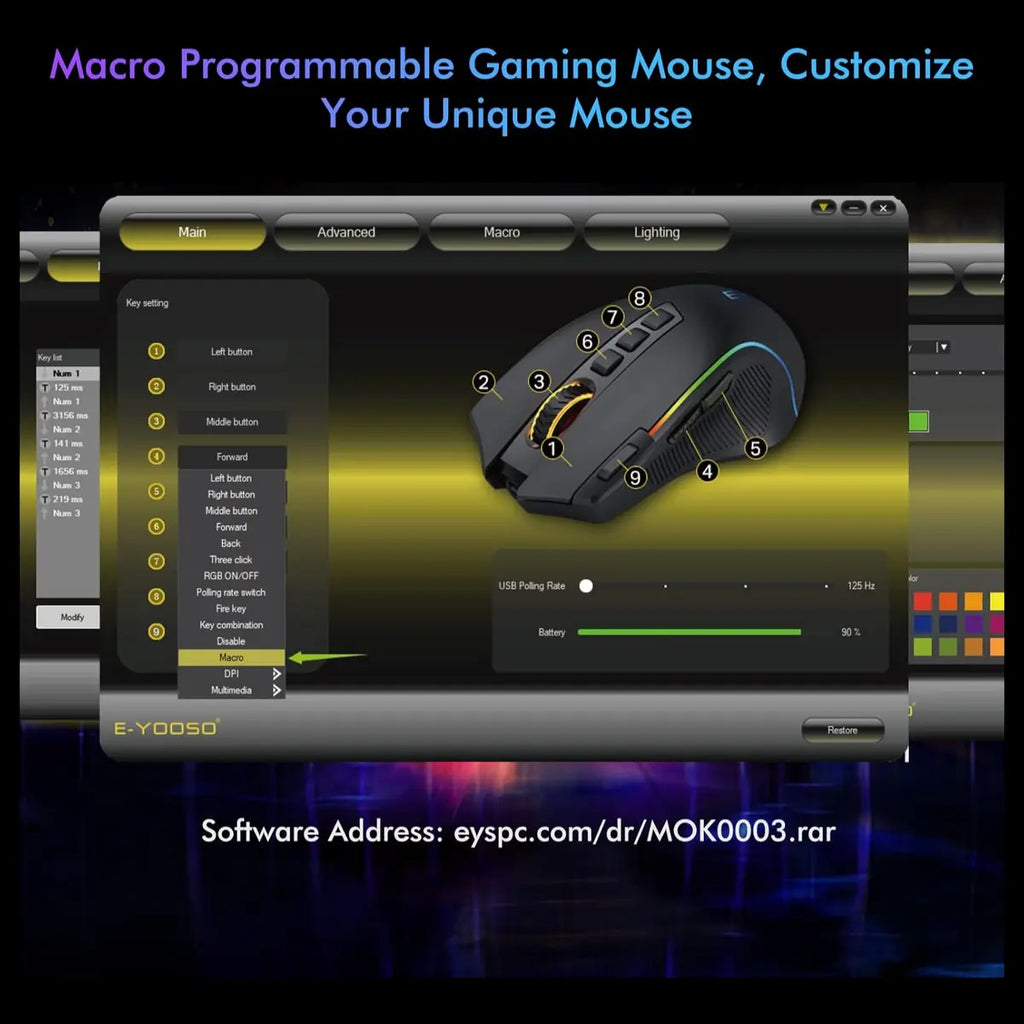 E-YOOSO X-11 Wireless RGB Gaming Mouse, 8000 DPI, Type-C Rechargeable, 2.4G Hz USB Receiver, 9 Programmable Buttons with Rapid Fire Key