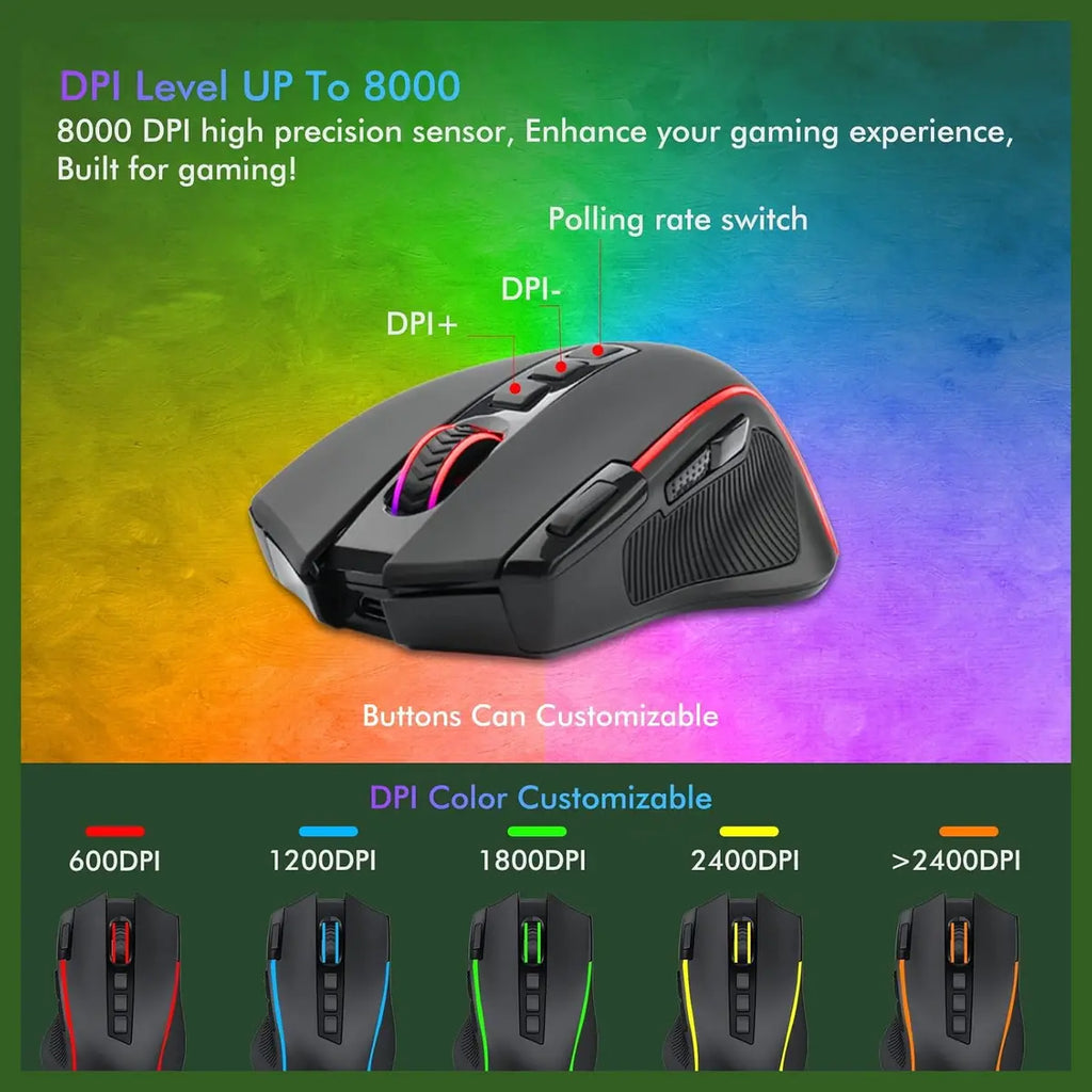 E-YOOSO X-11 Wireless RGB Gaming Mouse, 8000 DPI, Type-C Rechargeable, 2.4G Hz USB Receiver, 9 Programmable Buttons with Rapid Fire Key