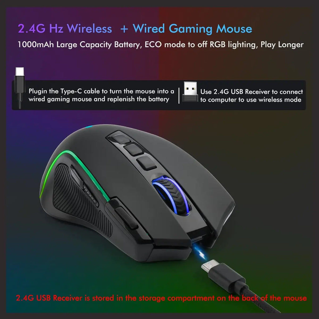 E-YOOSO X-11 Wireless RGB Gaming Mouse, 8000 DPI, Type-C Rechargeable, 2.4G Hz USB Receiver, 9 Programmable Buttons with Rapid Fire Key