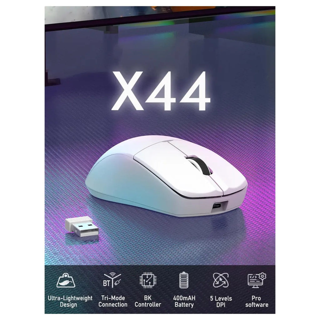 E-YOOSO X-44 Lightweight Gaming Mouse, Tri-Mode Wired USB-C 2.4GHz Bluetooth, 49G, 1K Polling, 26K DPI PAW3395 Sensor, 5 Programmable Buttons, White