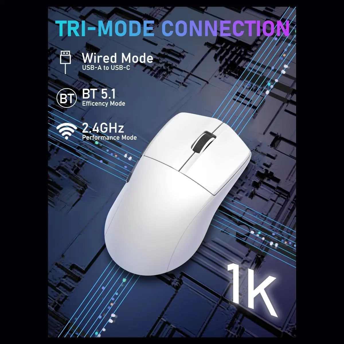 E-YOOSO X-44 Lightweight Gaming Mouse, Tri-Mode Wired USB-C 2.4GHz Bluetooth, 49G, 1K Polling, 26K DPI PAW3395 Sensor, 5 Programmable Buttons, White