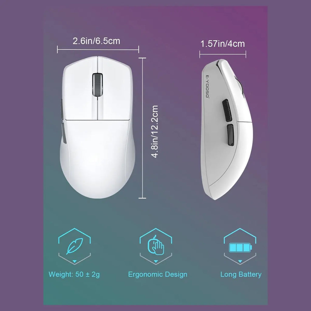 E-YOOSO X-44 Lightweight Gaming Mouse, Tri-Mode Wired USB-C 2.4GHz Bluetooth, 49G, 1K Polling, 26K DPI PAW3395 Sensor, 5 Programmable Buttons, White