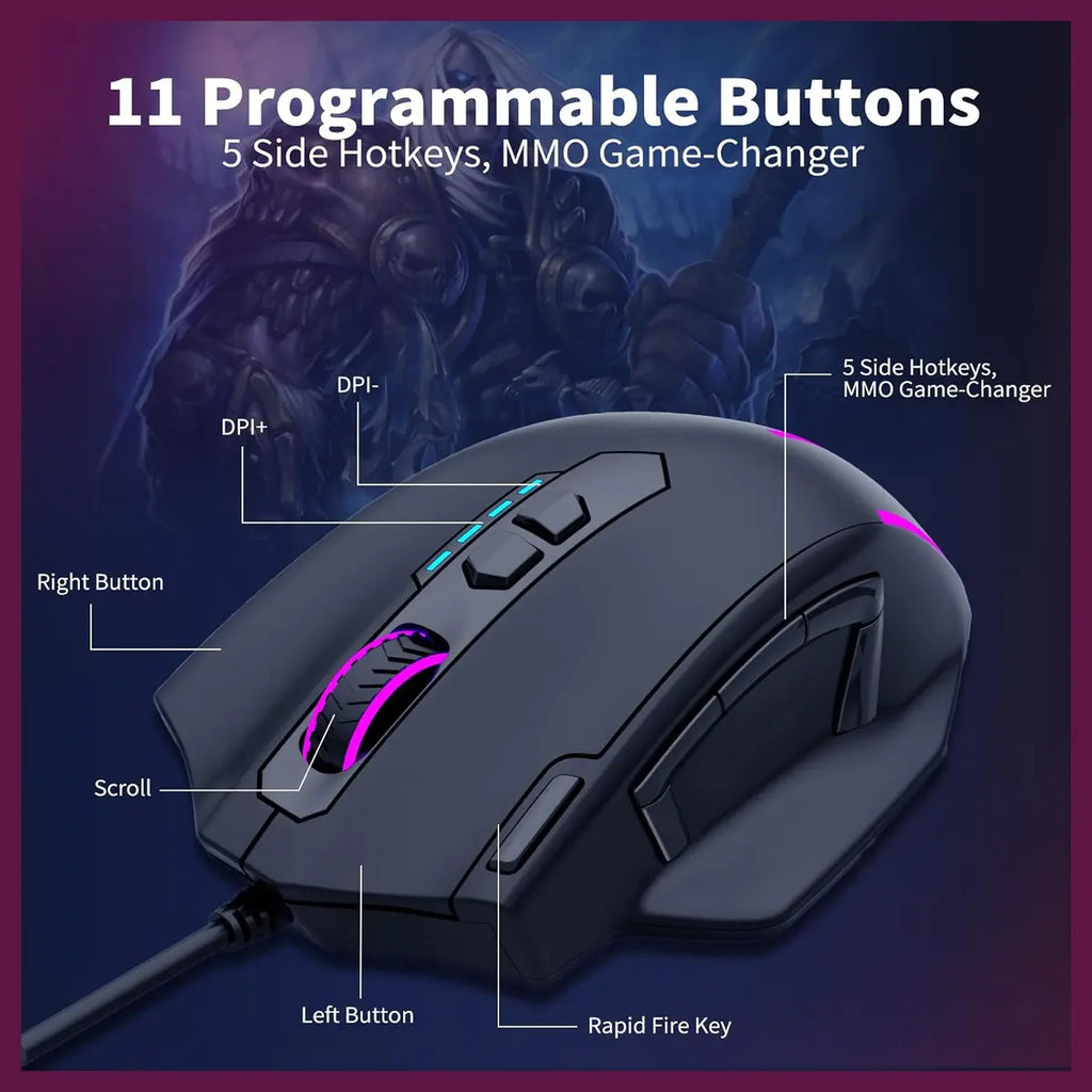 E-YOOSO X-41 Pro Wired Large Gaming Mouse, 200-12400 DPI Pixart PAW3327 Sensor, RGB Backlit, 11 Programmable Buttons With Rapid Fire, Adjustable Weights, Black