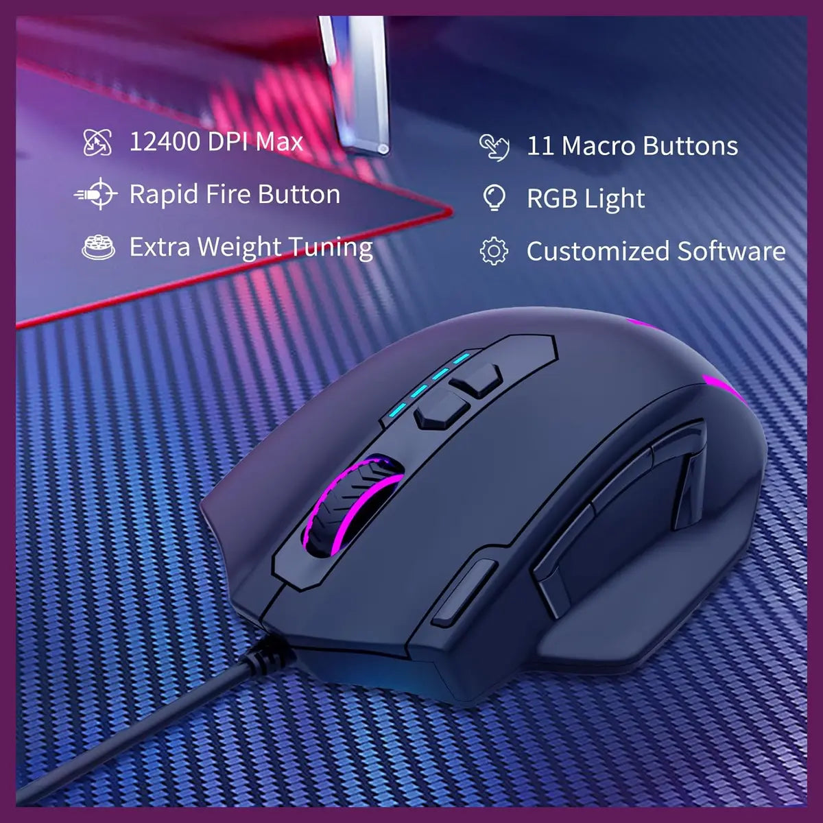 E-YOOSO X-41 Pro Wired Large Gaming Mouse, 200-12400 DPI Pixart PAW3327 Sensor, RGB Backlit, 11 Programmable Buttons With Rapid Fire, Adjustable Weights, Black