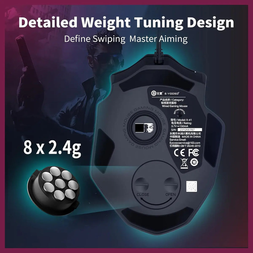 E-YOOSO X-41 Pro Wired Large Gaming Mouse, 200-12400 DPI Pixart PAW3327 Sensor, RGB Backlit, 11 Programmable Buttons With Rapid Fire, Adjustable Weights, Black