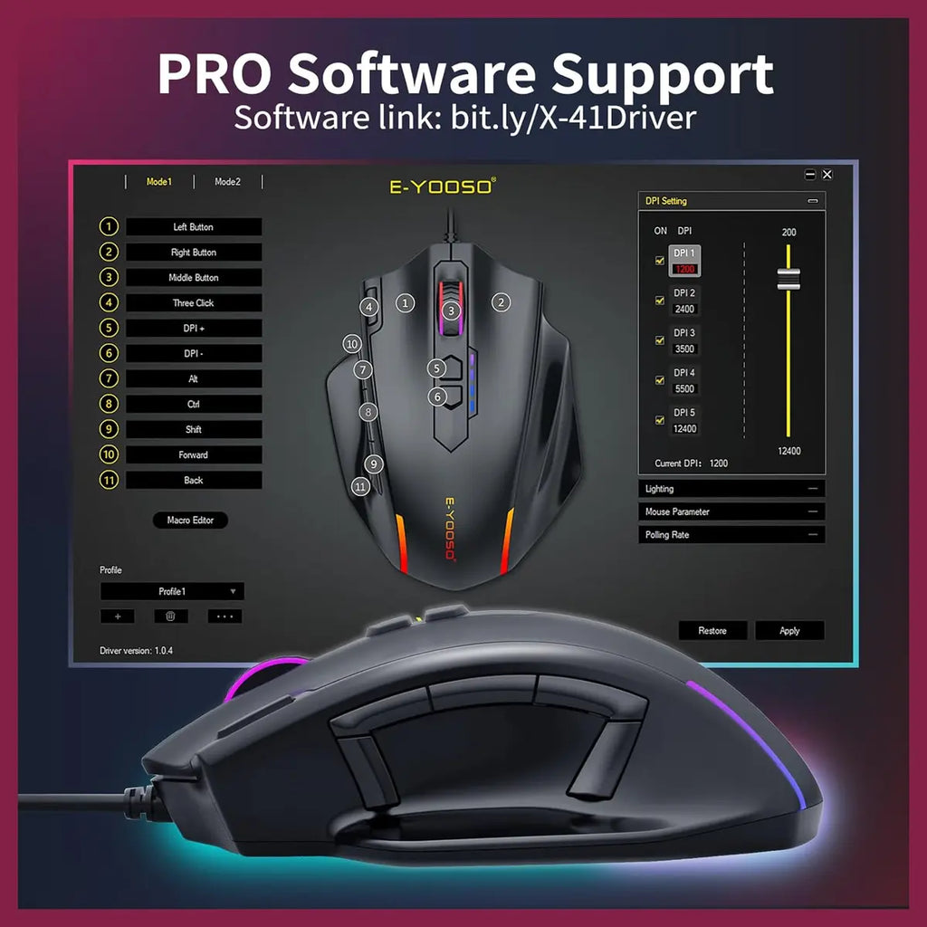 E-YOOSO X-41 Pro Wired Large Gaming Mouse, 200-12400 DPI Pixart PAW3327 Sensor, RGB Backlit, 11 Programmable Buttons With Rapid Fire, Adjustable Weights, Black