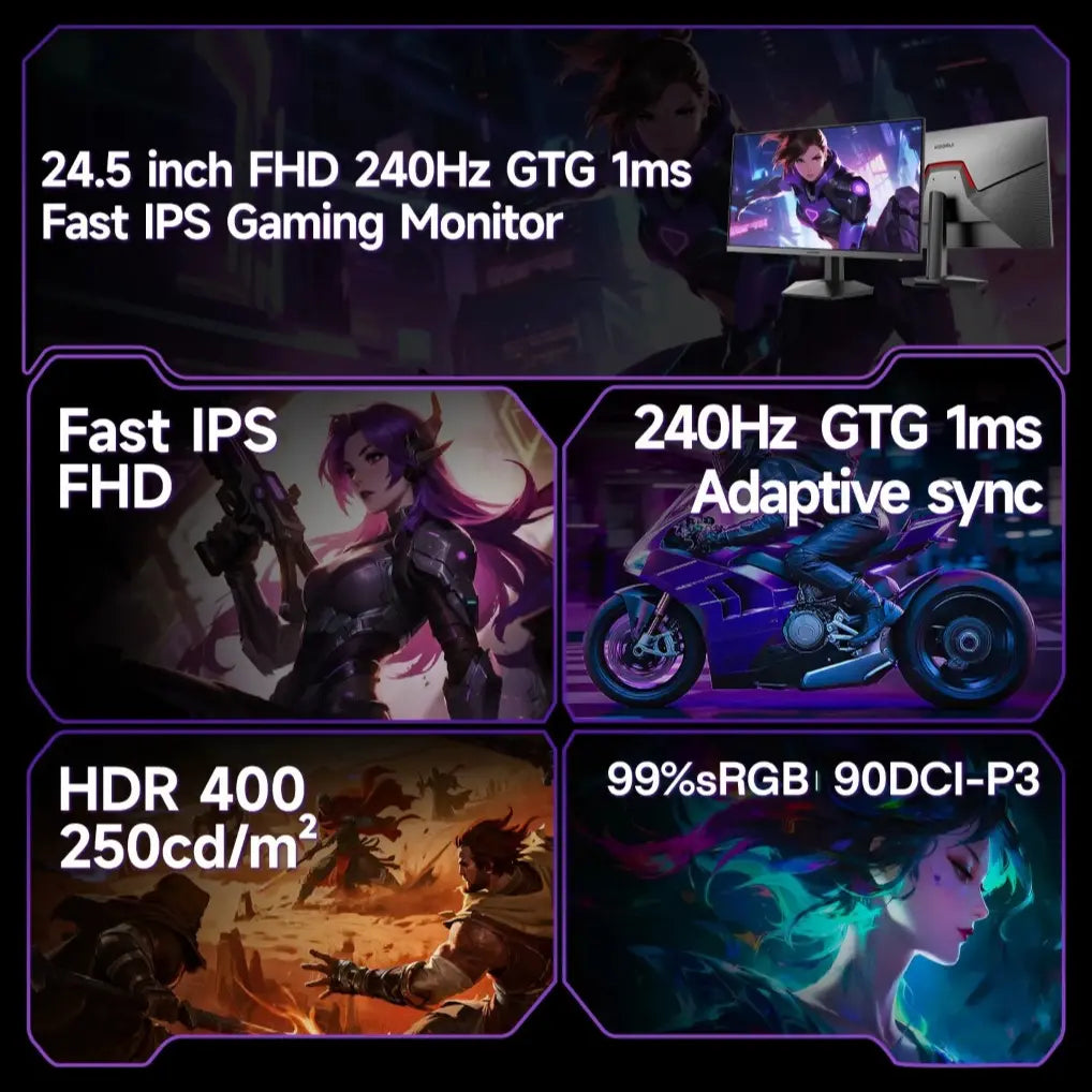 KOORUI G2511X Gaming Monitor, 24.5" FHD 1080p IPS, 240Hz, 1ms Response Time, Adaptive Sync, 3-Sided Frameless Ultra Slim, VESA, DP and HDMI