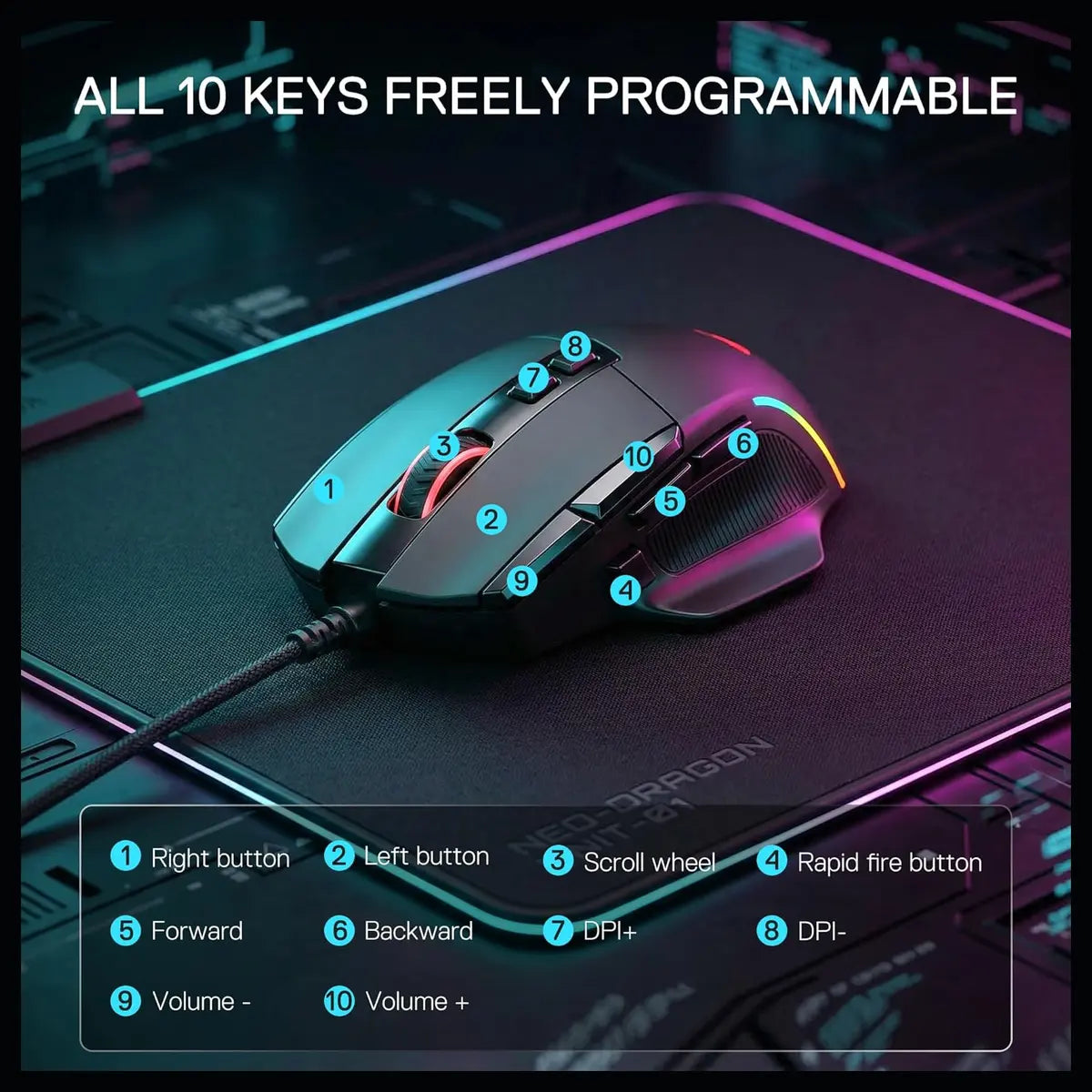 Redragon VIPER M925 Wired Gaming Mouse, PixArt PAW3311 Optical Sensor, 24000 Max DPI, 10 Programmable Buttons, 1000Hz Polling Rate, 8 Backlit Modes, Black