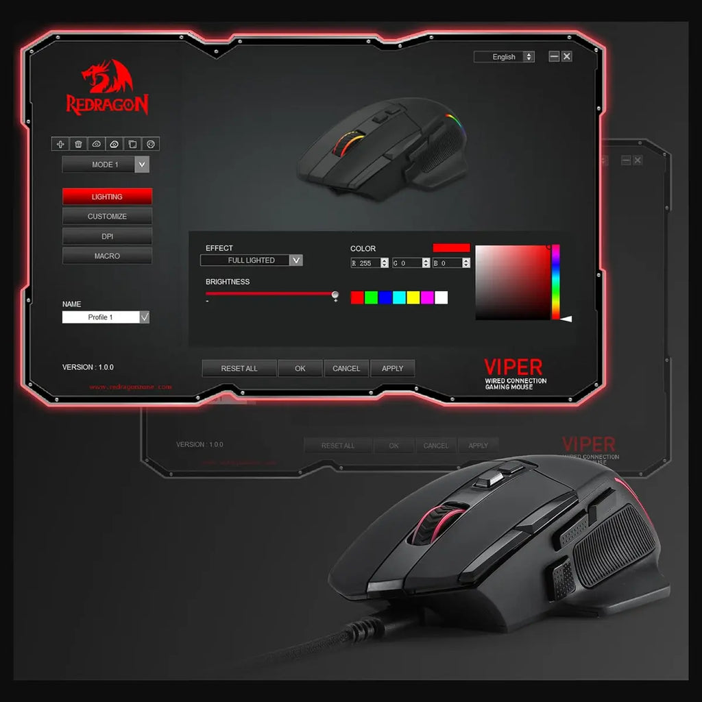 Redragon VIPER M925 Wired Gaming Mouse, PixArt PAW3311 Optical Sensor, 24000 Max DPI, 10 Programmable Buttons, 1000Hz Polling Rate, 8 Backlit Modes, Black