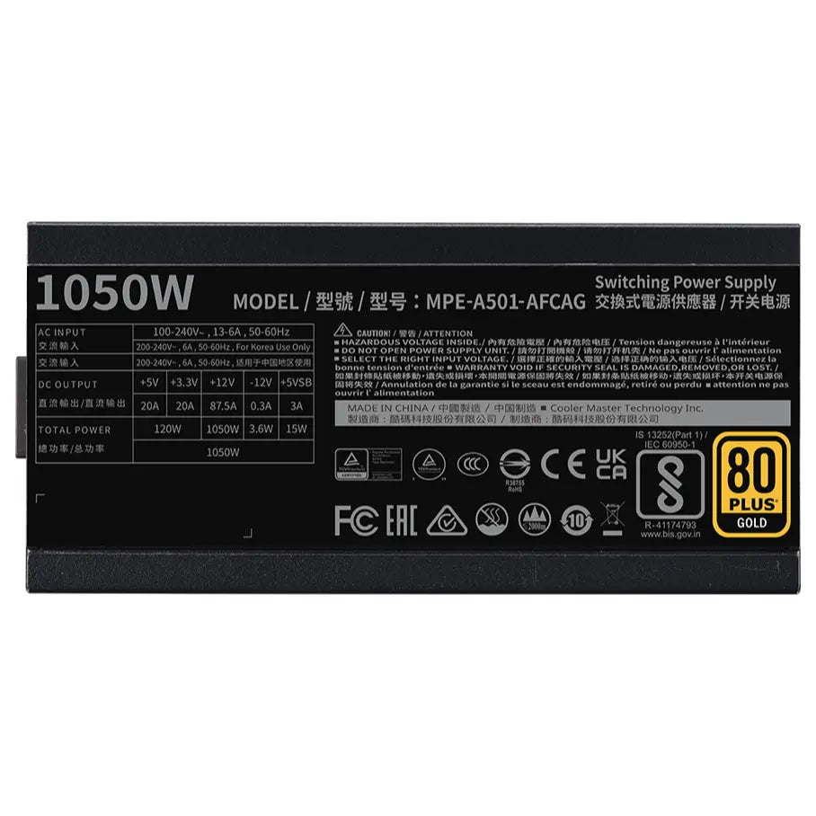 Cooler Master MWE Gold 1050 V2 ATX 3.1, 1050W 80 PLUS Gold Fully Modular ATX Power Supply Unit, 12V-2x6 Connector, 140mm Silent Fan, Black