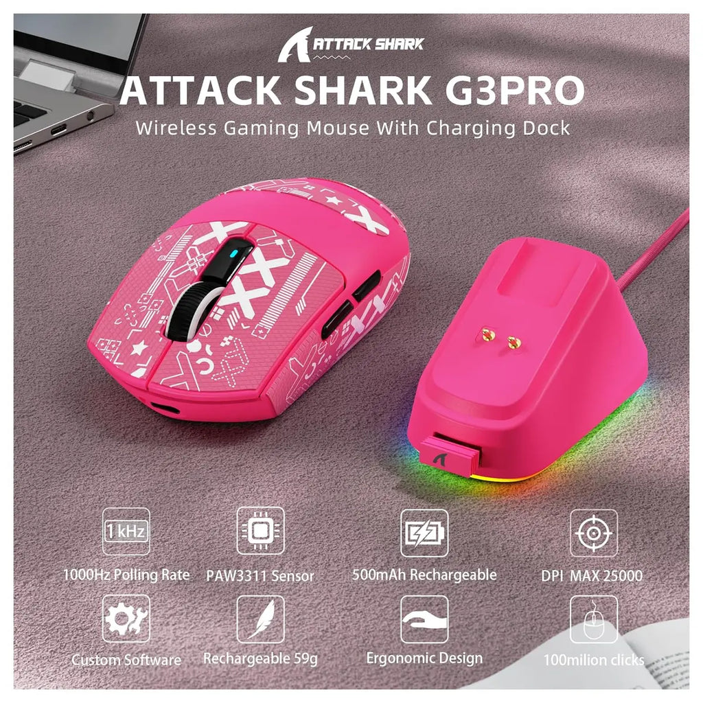 ATTACK SHARK G3PRO Wireless Gaming Mouse, PAW3311 25K DPI 1K Polling Rate, Tri-Mode 2.4GHz Bluetooth USB-C Wired, RGB Magnetic Charging Dock, 500mAh Battery, Red