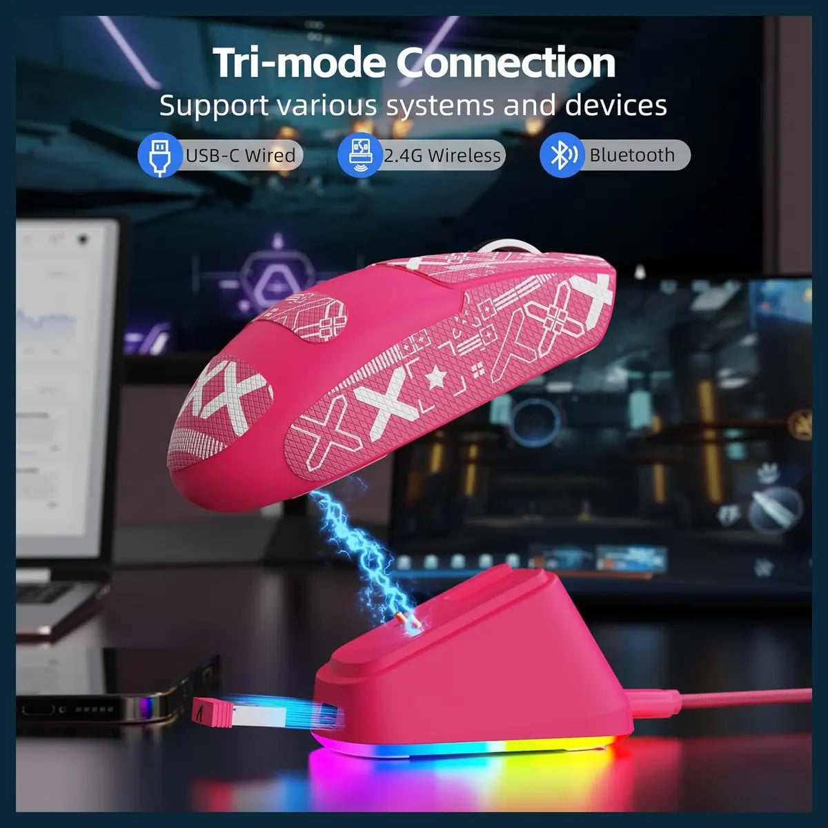 ATTACK SHARK G3PRO Wireless Gaming Mouse, PAW3311 25K DPI 1K Polling Rate, Tri-Mode 2.4GHz Bluetooth USB-C Wired, RGB Magnetic Charging Dock, 500mAh Battery, Red