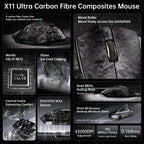 ATTACK SHARK X11 Ultra Wireless Gaming Mouse, PAW3950 MAX 42000 DPI, Dual 8000Hz Wired and Wireless Polling, 63g Carbon Fiber, Wired Bluetooth and 2.4GHz, Black