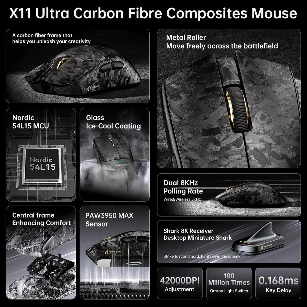 ATTACK SHARK X11 Ultra Wireless Gaming Mouse, PAW3950 MAX 42000 DPI, Dual 8000Hz Wired and Wireless Polling, 63g Carbon Fiber, Wired Bluetooth and 2.4GHz, Black