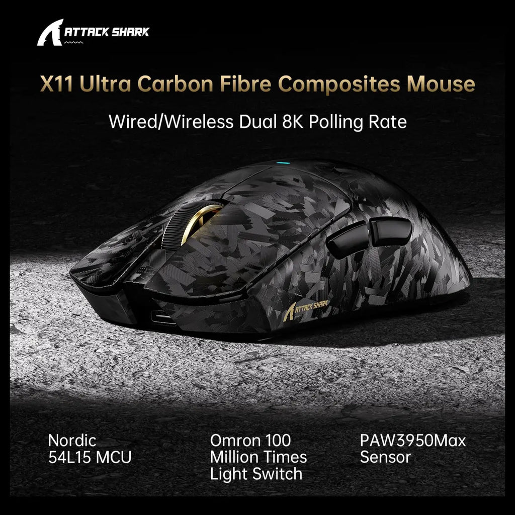 ATTACK SHARK X11 Ultra Wireless Gaming Mouse, PAW3950 MAX 42000 DPI, Dual 8000Hz Wired and Wireless Polling, 63g Carbon Fiber, Wired Bluetooth and 2.4GHz, Black