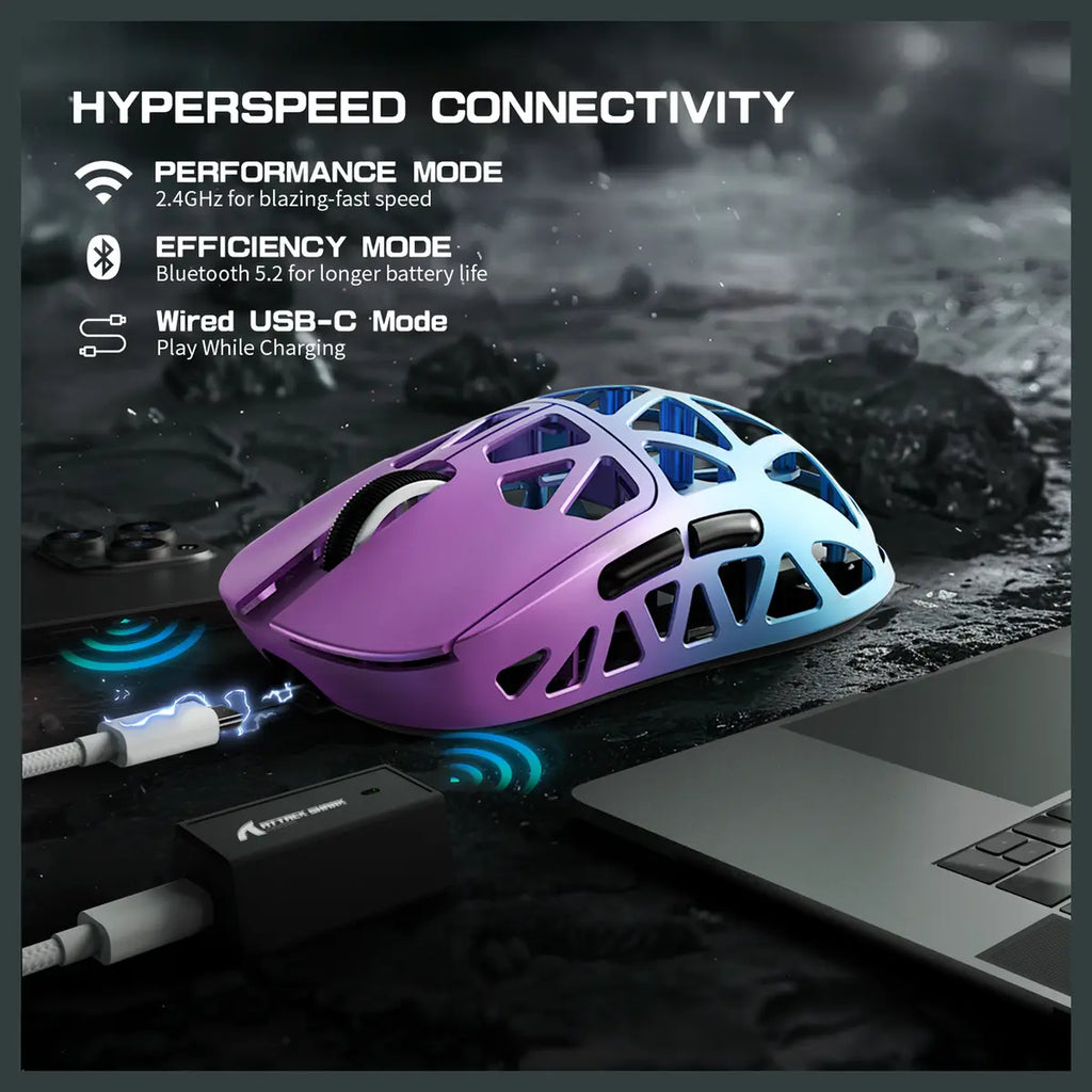 ATTACK SHARK R2 Magnesium Alloy Gaming Mouse, PixArt PAW3950, 42000DPI, Up To 8000Hz, Wired And 2.4G And Bluetooth 5.2, 45g Twilight Purple
