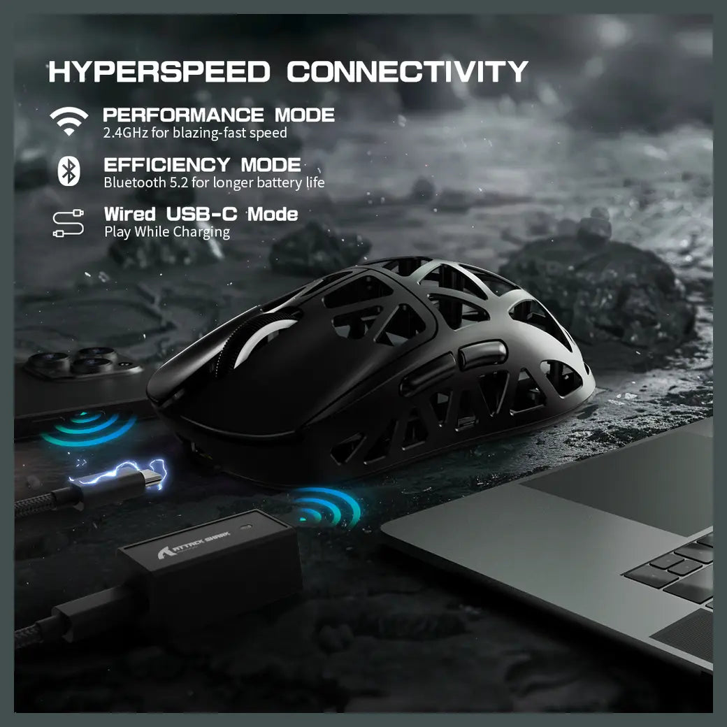 ATTACK SHARK R2 Magnesium Alloy PAW3950 Gaming Mouse, 45g Super Light, 42000 DPI, 8000Hz Wireless Polling Rate, Bluetooth 2.4G Wireless and Wired, Black
