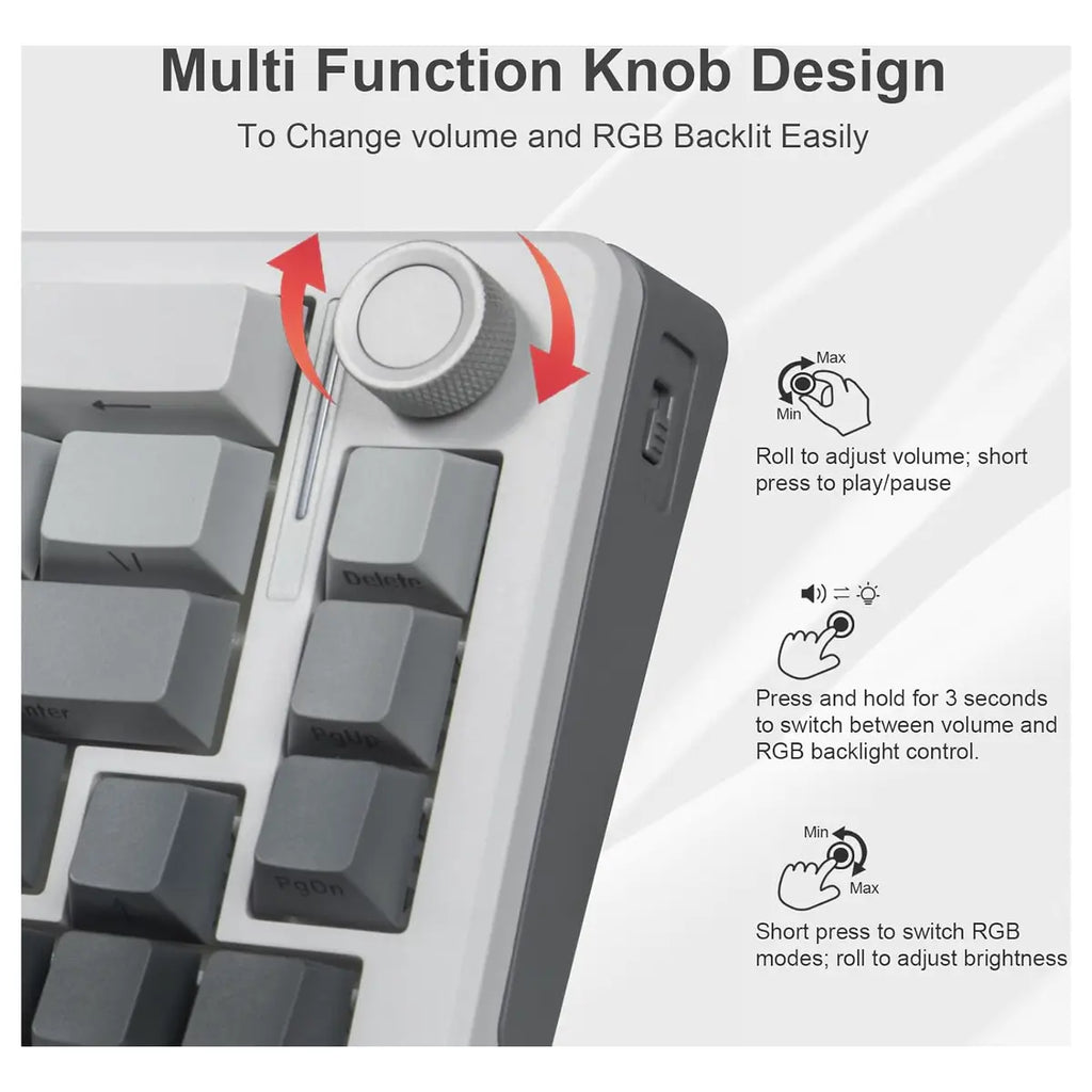 E-YOOSO Z-68 Wireless Mechanical Keyboard, 65% Hot Swappable, Tri-Mode 2.4GHz USB-C and Bluetooth 5.0, RGB Backlit, Metal Volume Knob, Gradient Gray