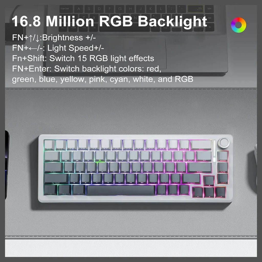 E-YOOSO Z-68 Wireless Mechanical Keyboard, 65% Hot Swappable, Tri-Mode 2.4GHz USB-C and Bluetooth 5.0, RGB Backlit, Metal Volume Knob, Gradient Gray