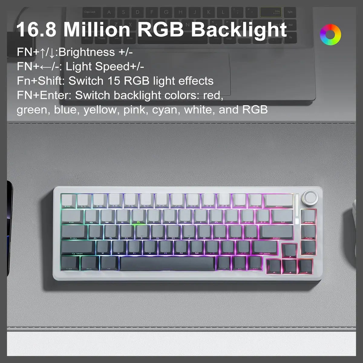 E-YOOSO Z-68 Wireless Mechanical Keyboard, 65% Hot Swappable, Tri-Mode 2.4GHz USB-C and Bluetooth 5.0, RGB Backlit, Metal Volume Knob, Gradient Gray
