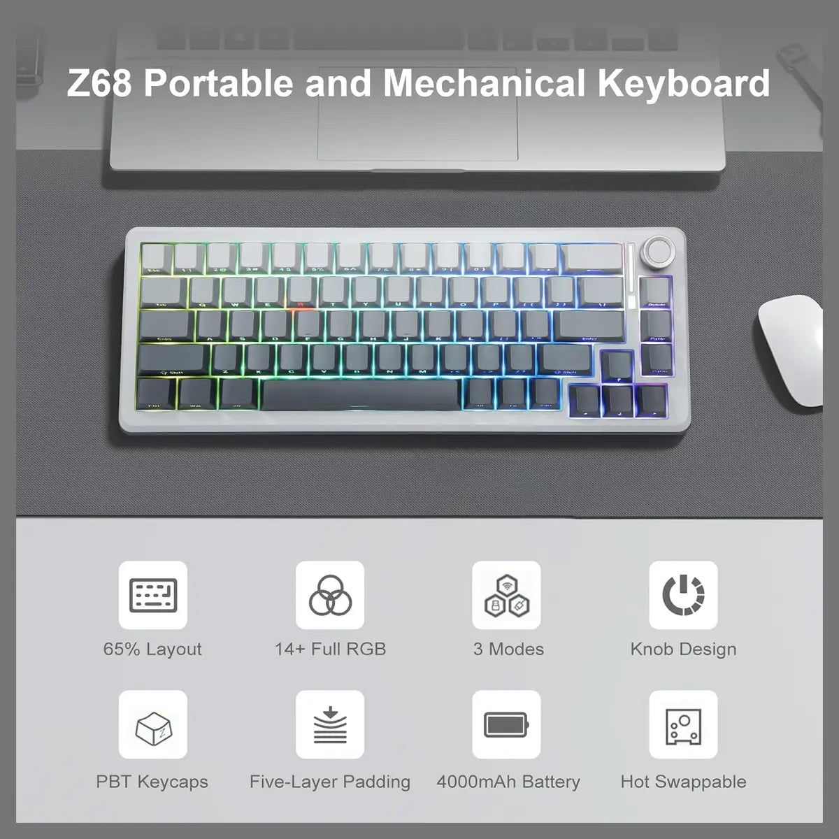 E-YOOSO Z-68 Wireless Mechanical Keyboard, 65% Hot Swappable, Tri-Mode 2.4GHz USB-C and Bluetooth 5.0, RGB Backlit, Metal Volume Knob, Gradient Gray