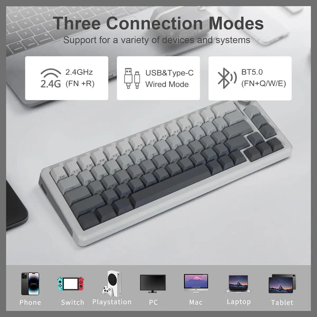 E-YOOSO Z-68 Wireless Mechanical Keyboard, 65% Hot Swappable, Tri-Mode 2.4GHz USB-C and Bluetooth 5.0, RGB Backlit, Metal Volume Knob, Gradient Gray