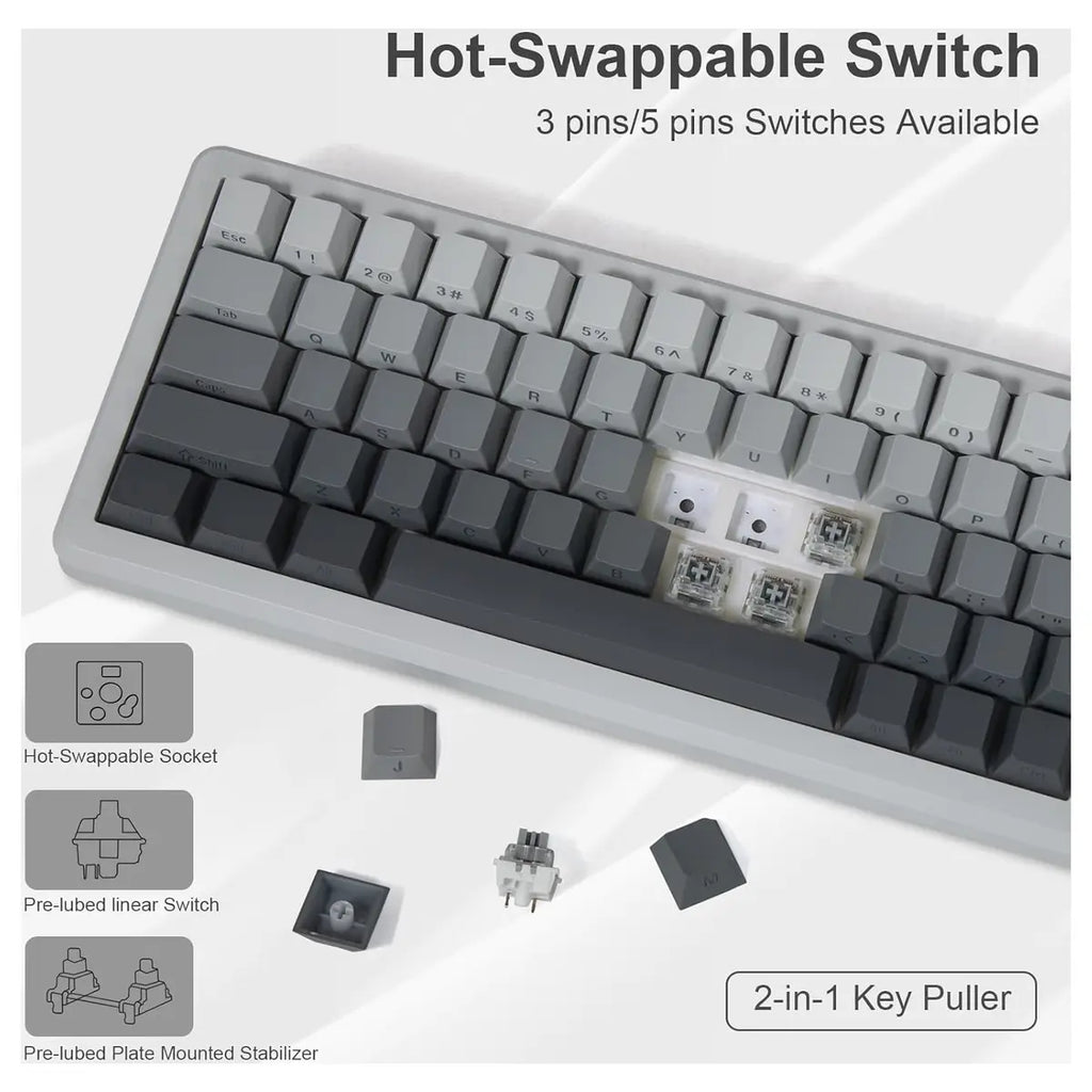 E-YOOSO Z-68 Wireless Mechanical Keyboard, 65% Hot Swappable, Tri-Mode 2.4GHz USB-C and Bluetooth 5.0, RGB Backlit, Metal Volume Knob, Gradient Gray