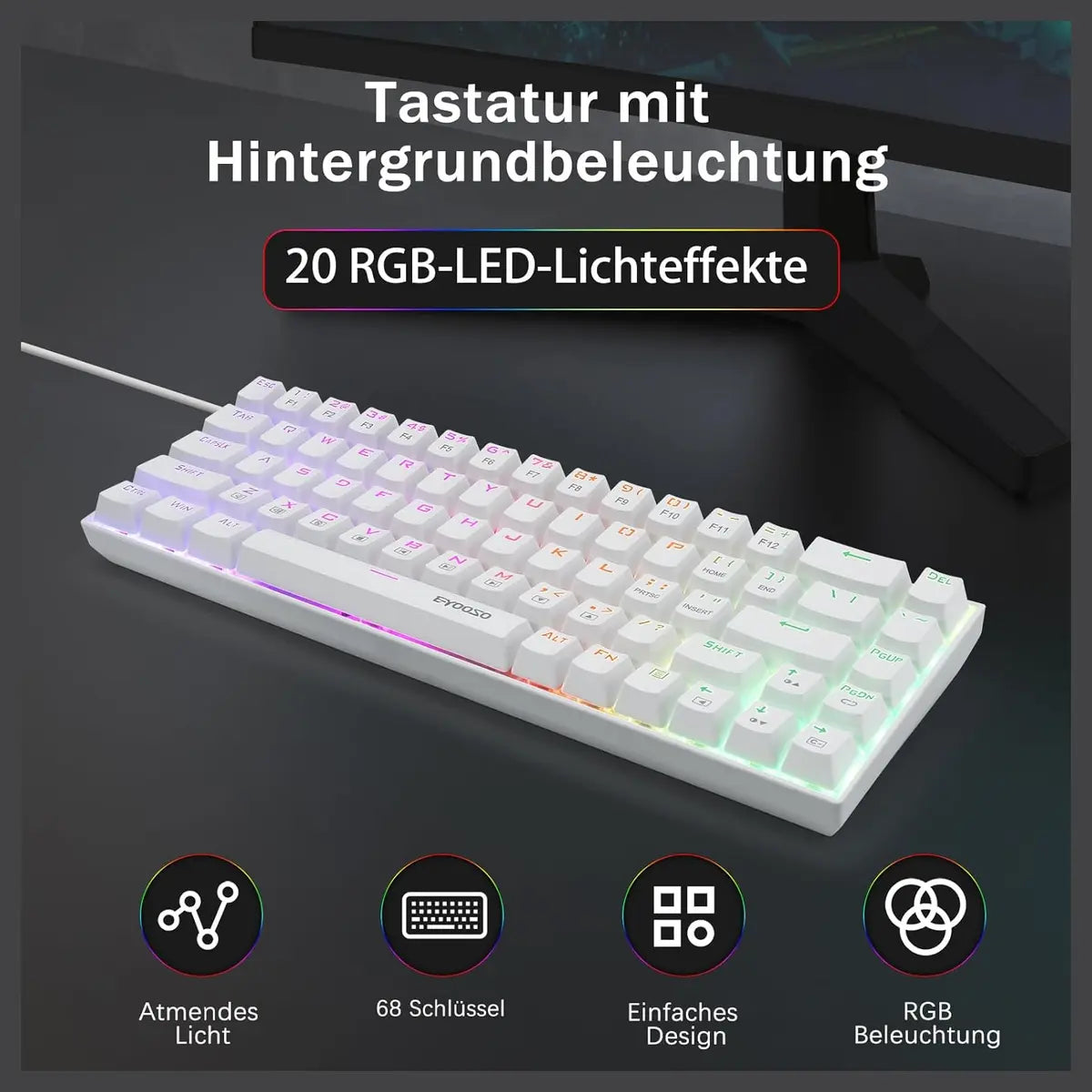 E-Yooso Z-686 65% Mechanical Gaming Keyboard, US Layout QWERTY, RGB Lighting, 68 Anti-Ghosting Keys, Mini Wired, Red Switch, for Windows Laptop PC Mac, White