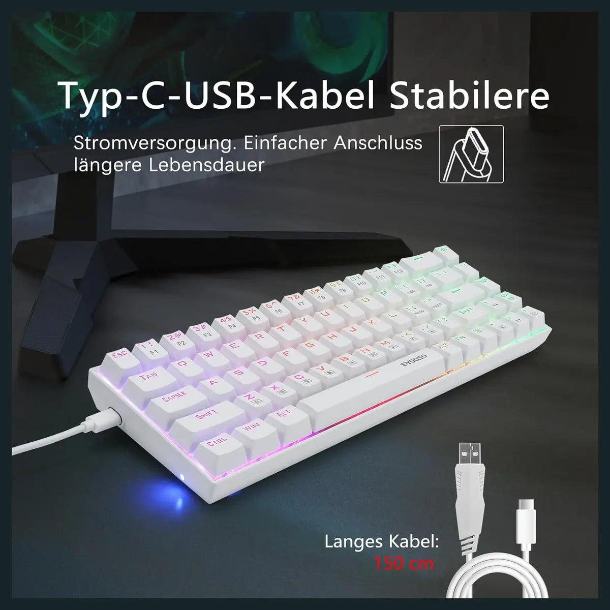 E-Yooso Z-686 65% Mechanical Gaming Keyboard, US Layout QWERTY, RGB Lighting, 68 Anti-Ghosting Keys, Mini Wired, Red Switch, for Windows Laptop PC Mac, White