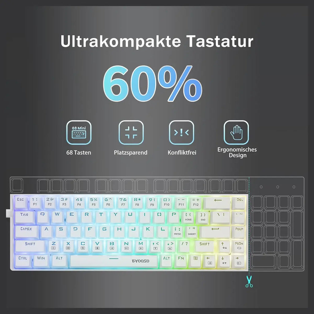 E-Yooso Z-686 65% Mechanical Gaming Keyboard, US Layout QWERTY, RGB Lighting, 68 Anti-Ghosting Keys, Mini Wired, Red Switch, for Windows Laptop PC Mac, White