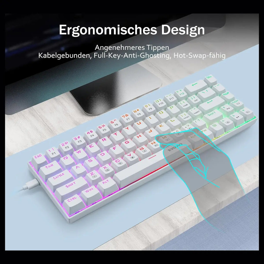 E-Yooso Z-686 65% Mechanical Gaming Keyboard, US Layout QWERTY, RGB Lighting, 68 Anti-Ghosting Keys, Mini Wired, Red Switch, for Windows Laptop PC Mac, White