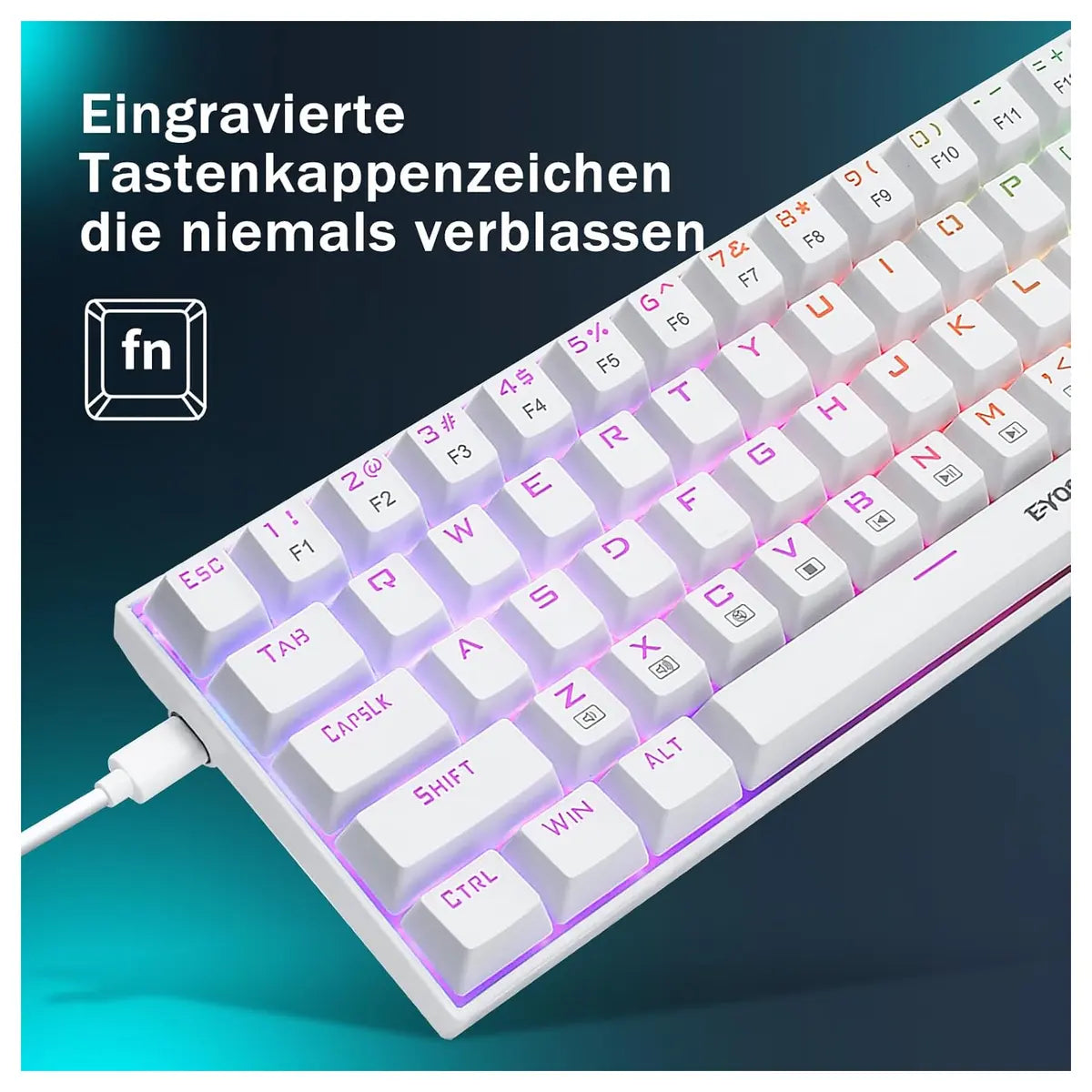 E-Yooso Z-686 65% Mechanical Gaming Keyboard, US Layout QWERTY, RGB Lighting, 68 Anti-Ghosting Keys, Mini Wired, Red Switch, for Windows Laptop PC Mac, White