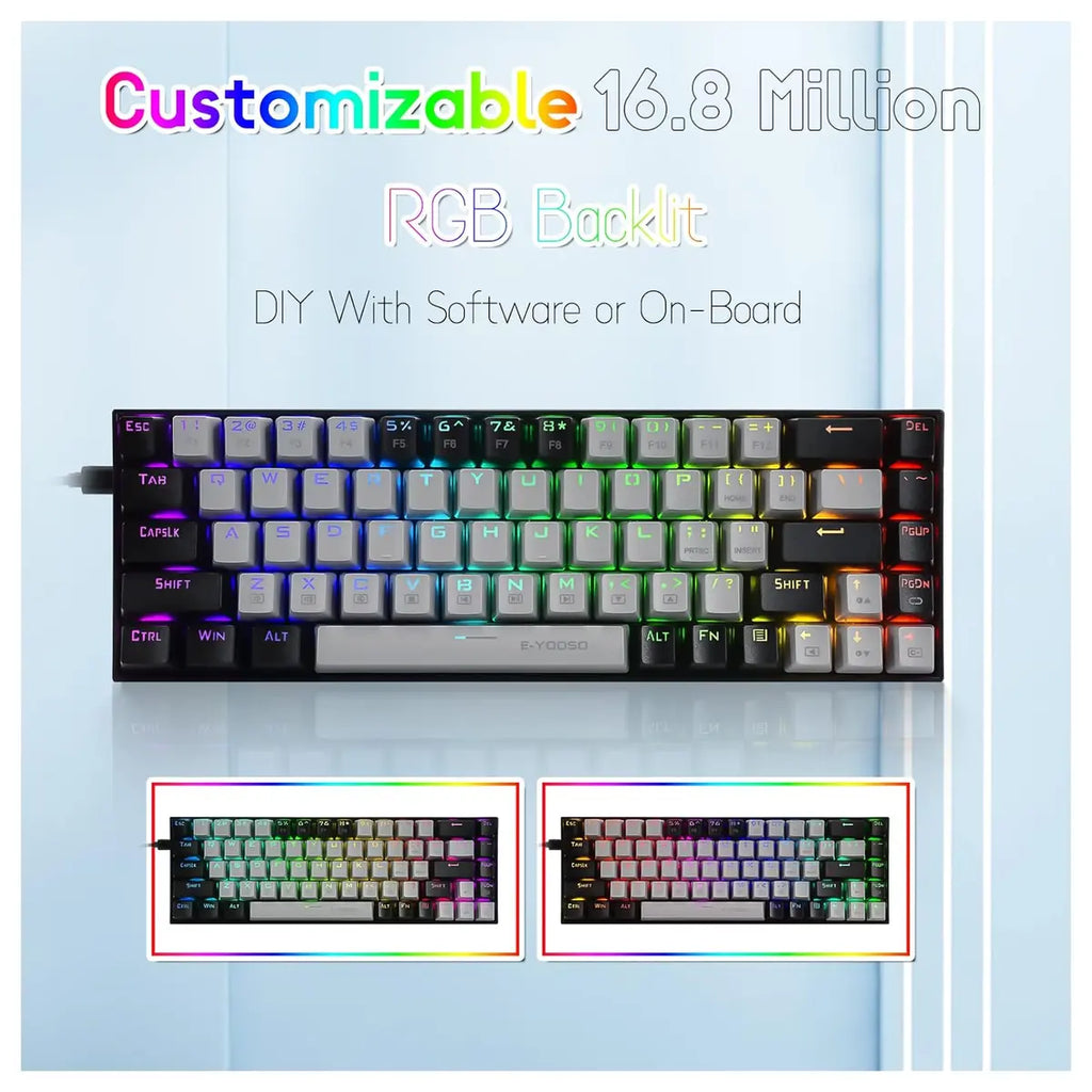 E-YOOSO Z-686 Portable 65% Mechanical Gaming Keyboard, 68 Keys Mini Wired, Per-Key RGB Backlit, Red Switch, Anti-Ghosting N-Key Rollover, Grey and Black